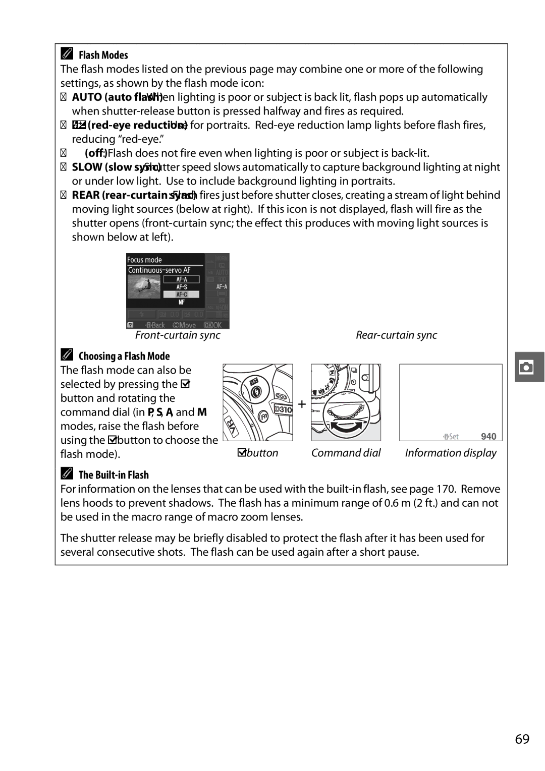 Nikon D3100 2 manual Flash Modes, Built-in Flash 