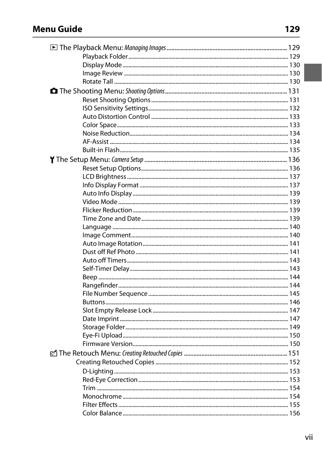 Nikon D3100 2 manual Menu Guide 129, Vii 