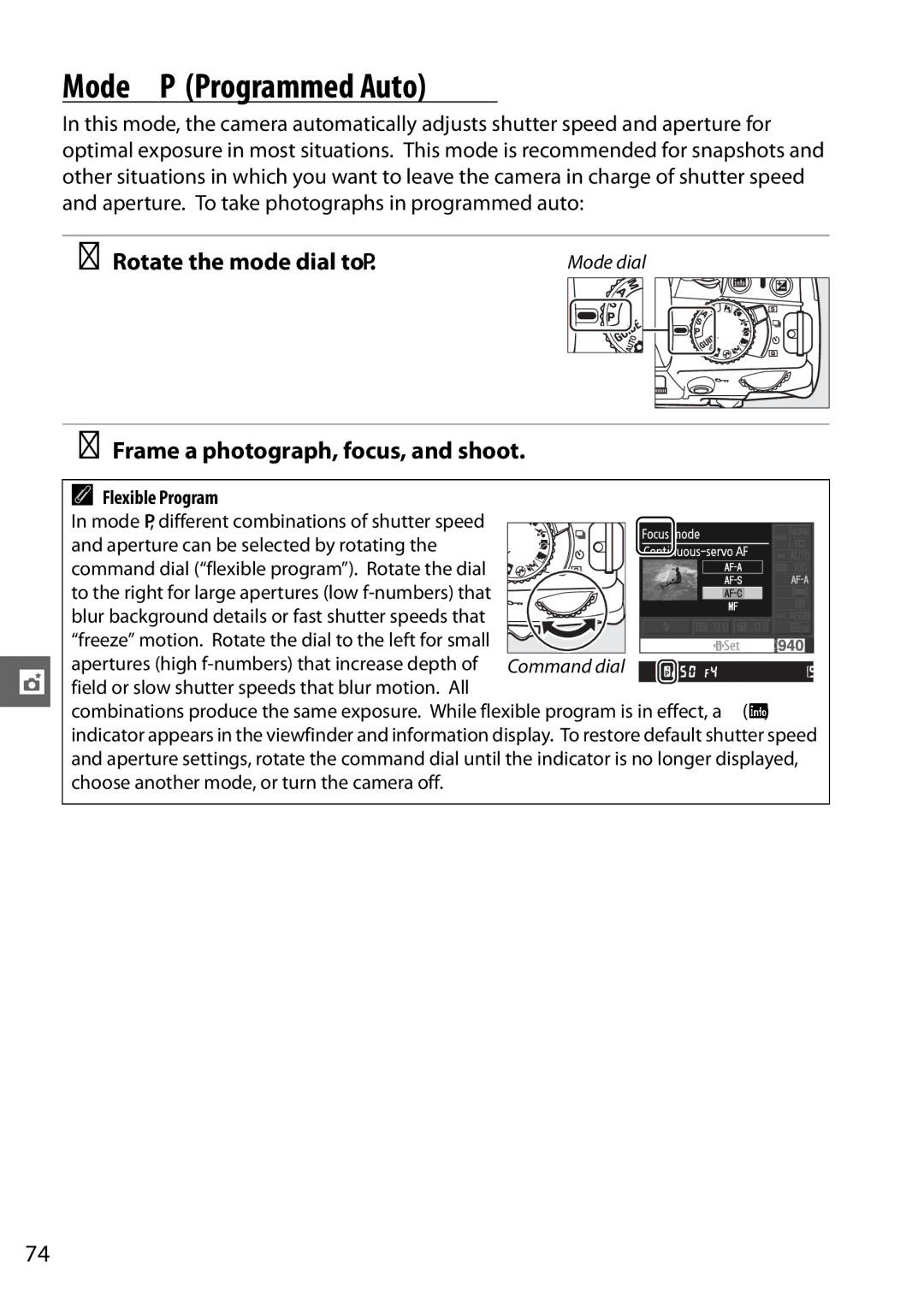 Nikon D3100 2 manual Mode P Programmed Auto, Frame a photograph, focus, and shoot, Flexible Program 