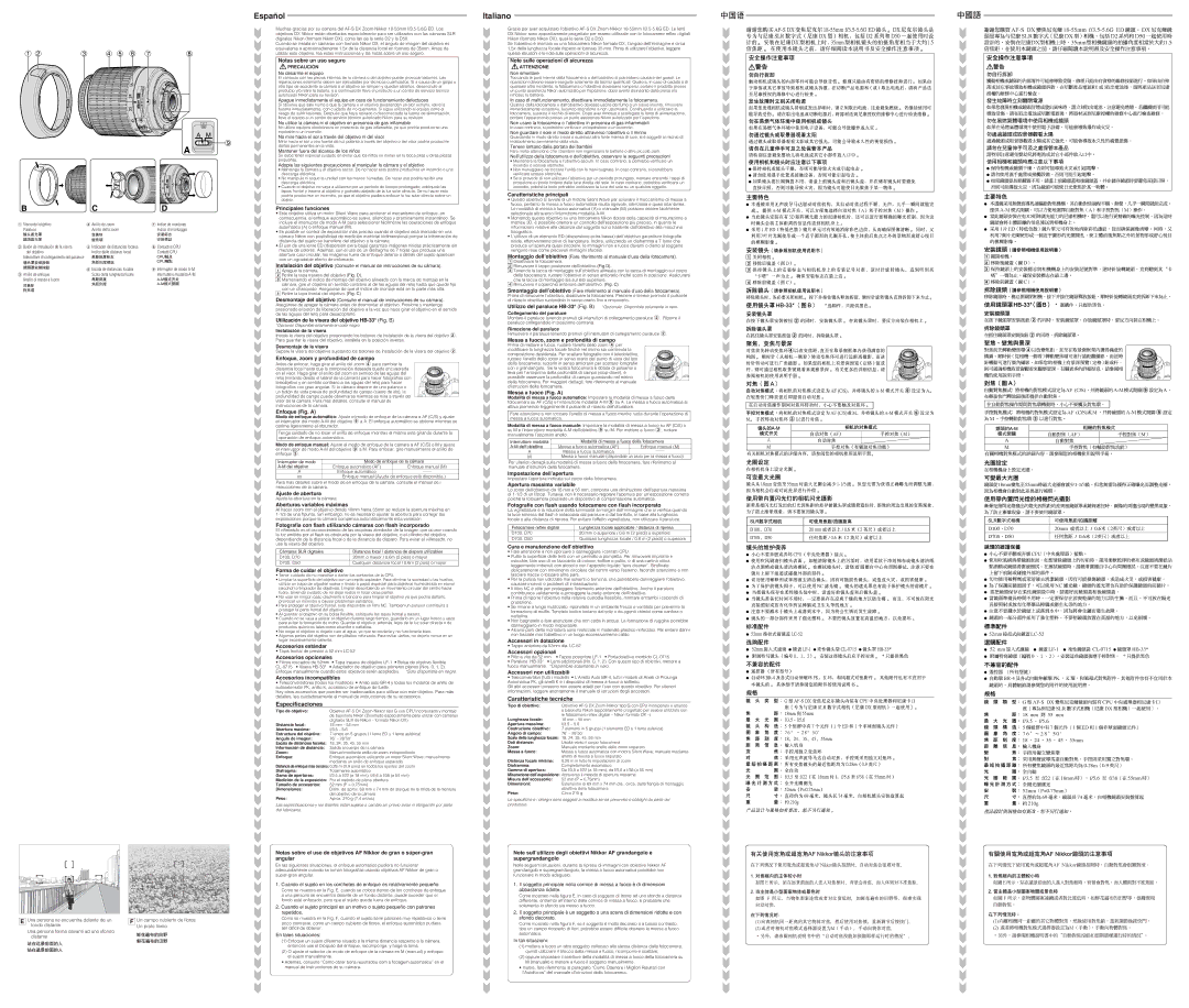 Nikon 2170, D3100 Notas sobre un uso seguro, Principales funciones, Utilización de la visera del objetivo HB-33* Fig. B 