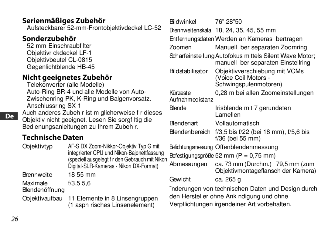 Nikon 18-55mm f/3.5-5.6GVR ED user manual Serienmäßiges Zubehör, Sonderzubehör, Nicht geeignetes Zubehör, Technische Daten 