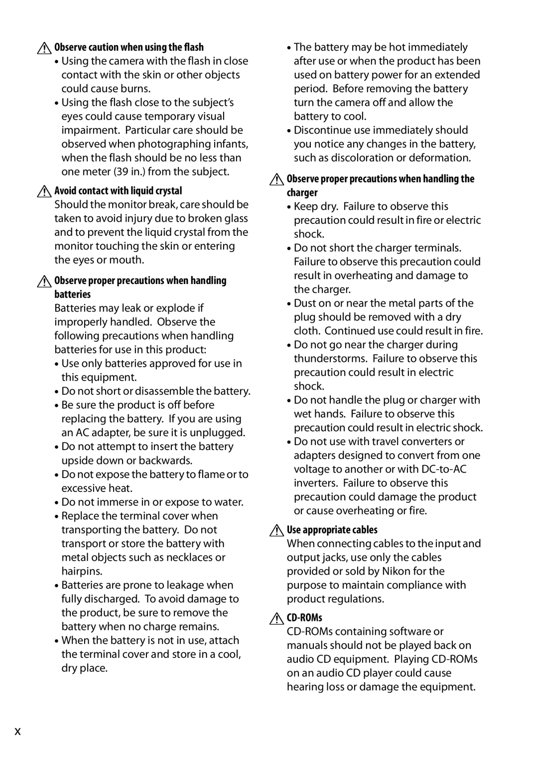 Nikon 13309 AObserve caution when using the flash, AAvoid contact with liquid crystal, AUse appropriate cables, CD-ROMs 