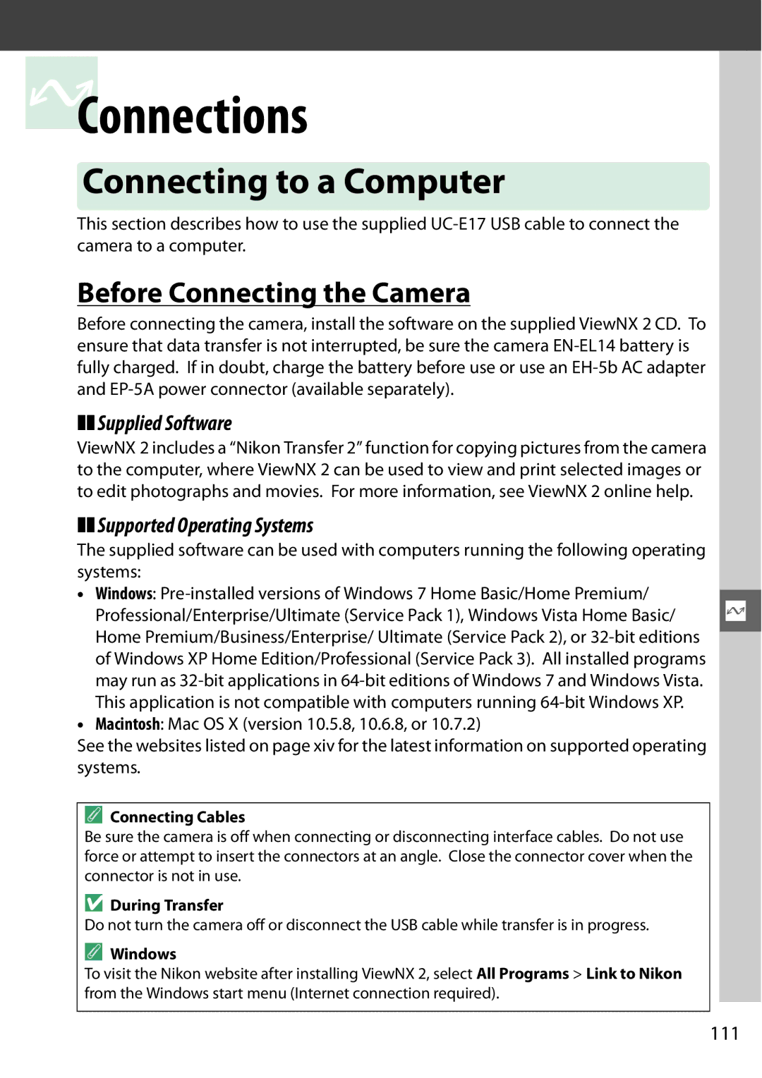 Nikon (1855mm Kit) Red, D3200LENS, 25492b Connecting to a Computer, Before Connecting the Camera, Supplied Software, 111 