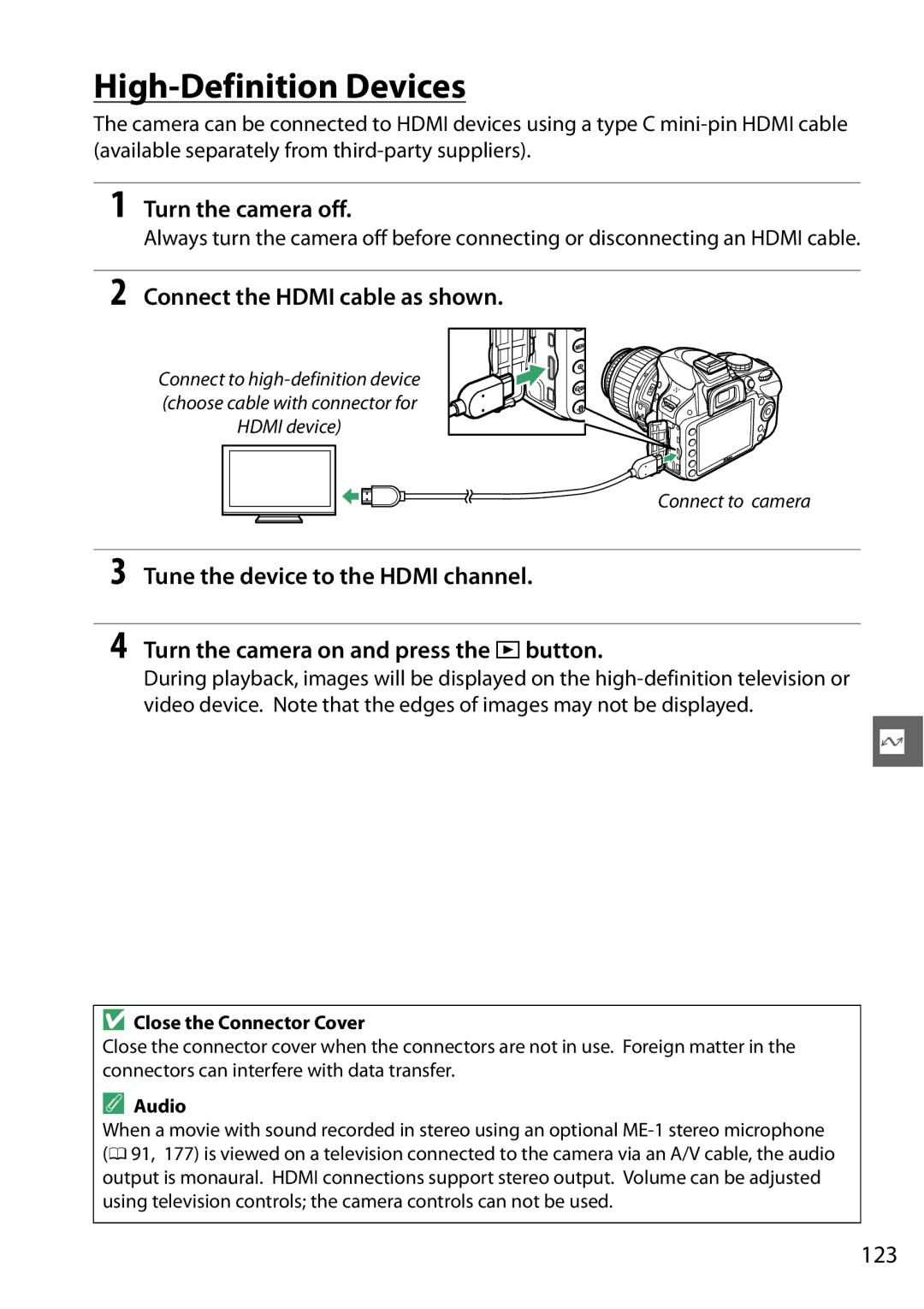 Nikon D3200, 25492b High-Definition Devices, Connect the Hdmi cable as shown, 123, Close the Connector Cover, Audio 