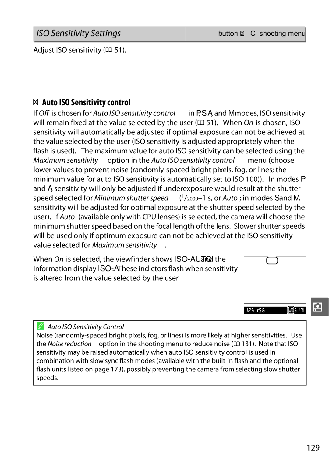 Nikon D3200BOXKIT, D3200LENS, 25492b ISO Sensitivity Settings, Auto ISO Sensitivity control, 129, Adjust ISO sensitivity 0 
