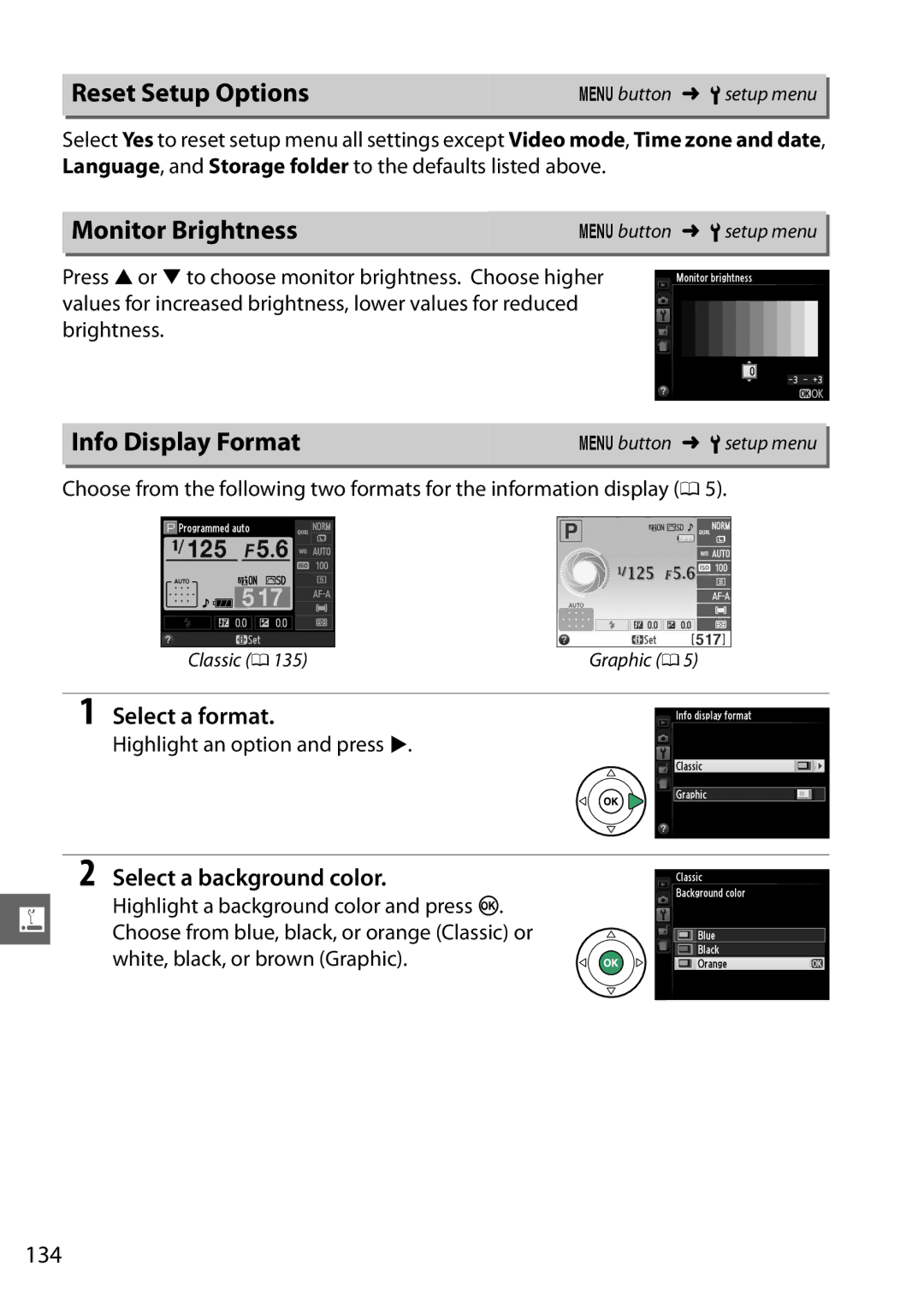 Nikon 18208254927 Reset Setup Options, Monitor Brightness, Info Display Format, Select a format, Select a background color 