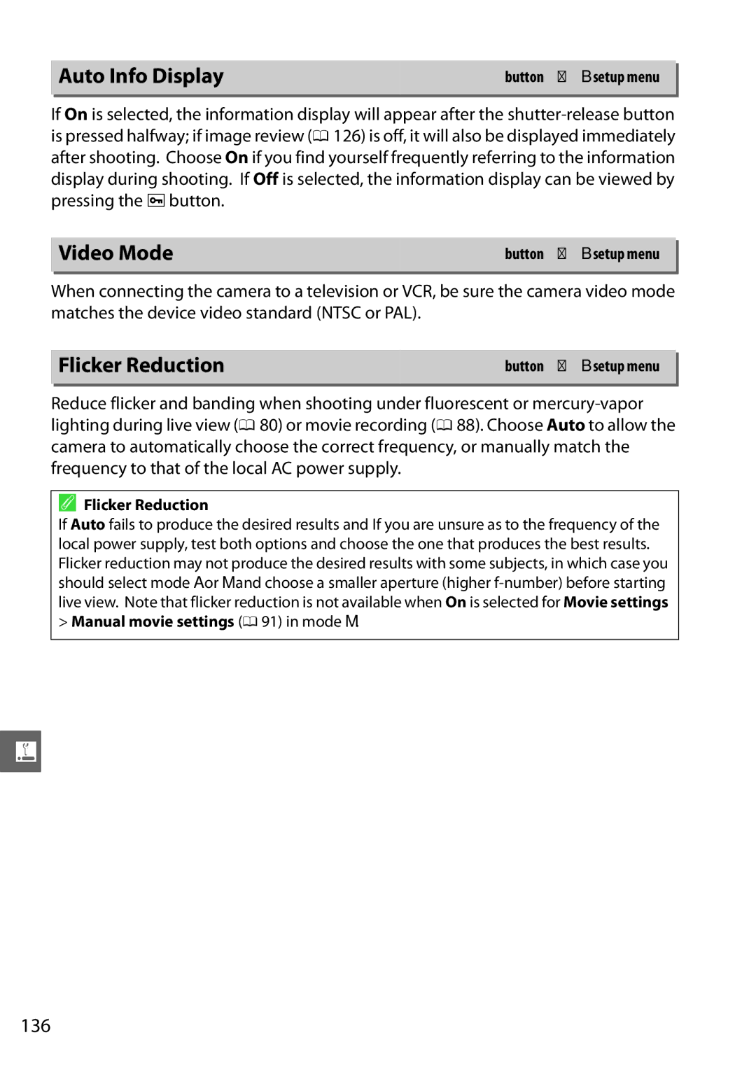 Nikon 25492, D3200LENS manual Auto Info Display, Video Mode, Flicker Reduction, 136, Manual movie settings 0 91 in mode M 
