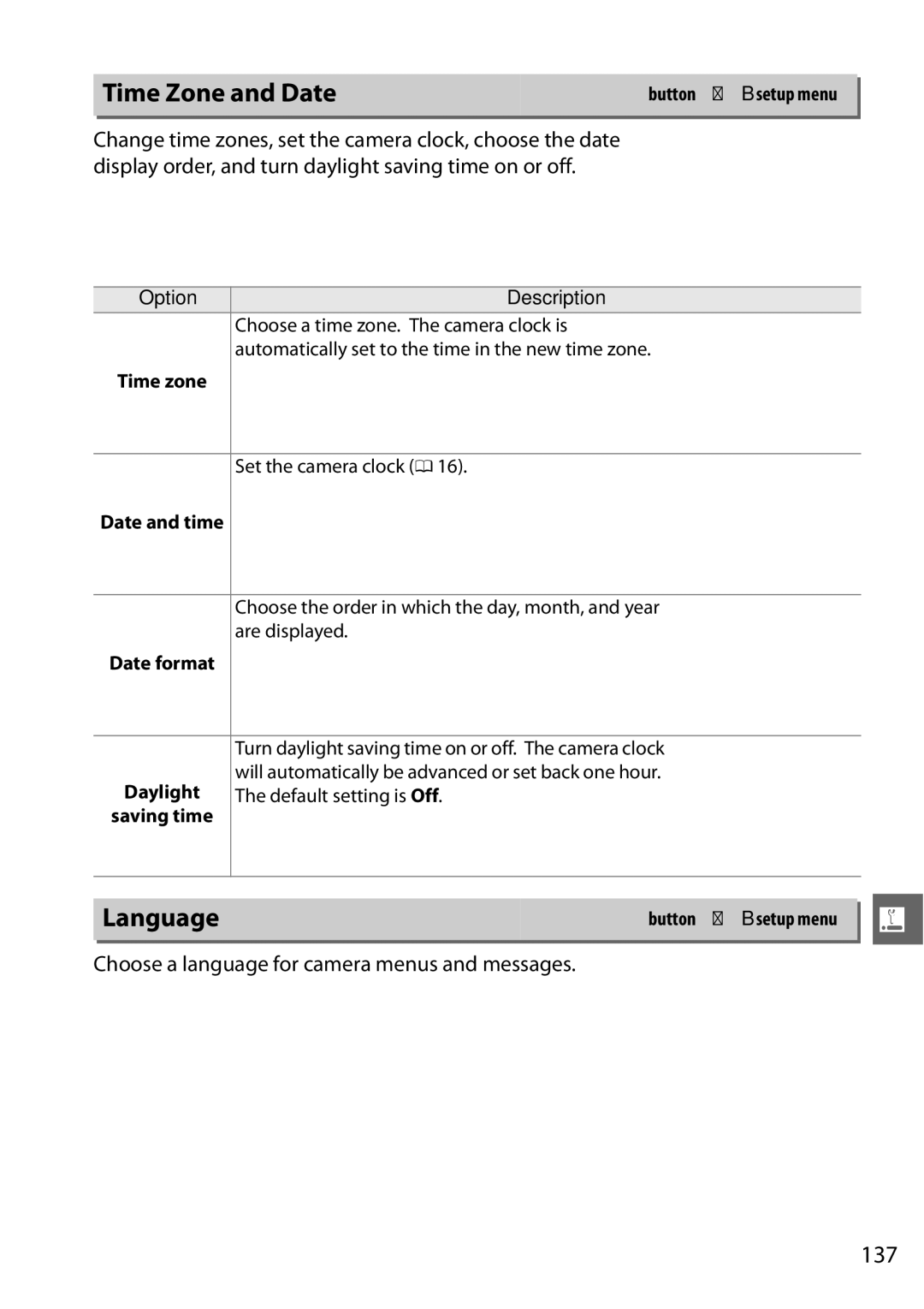 Nikon (1855mm Kit) Red, D3200LENS Time Zone and Date, Language, 137, Choose a language for camera menus and messages 