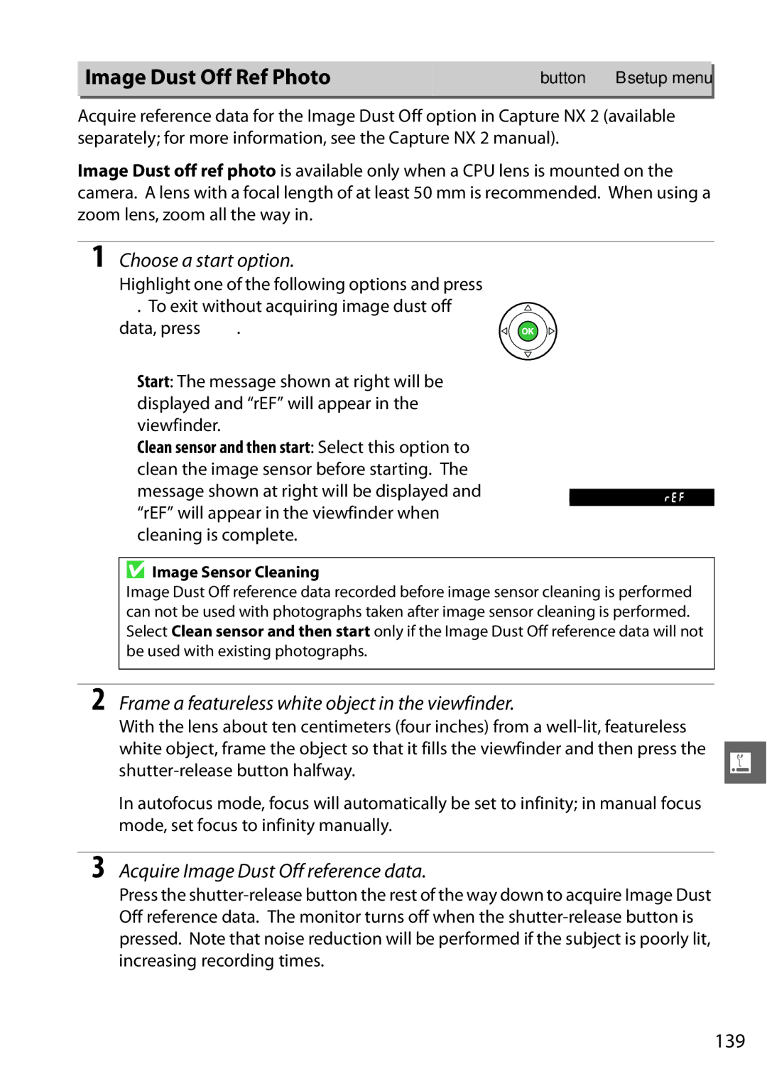 Nikon 13309 manual Image Dust Off Ref Photo, Choose a start option, Frame a featureless white object in the viewfinder, 139 