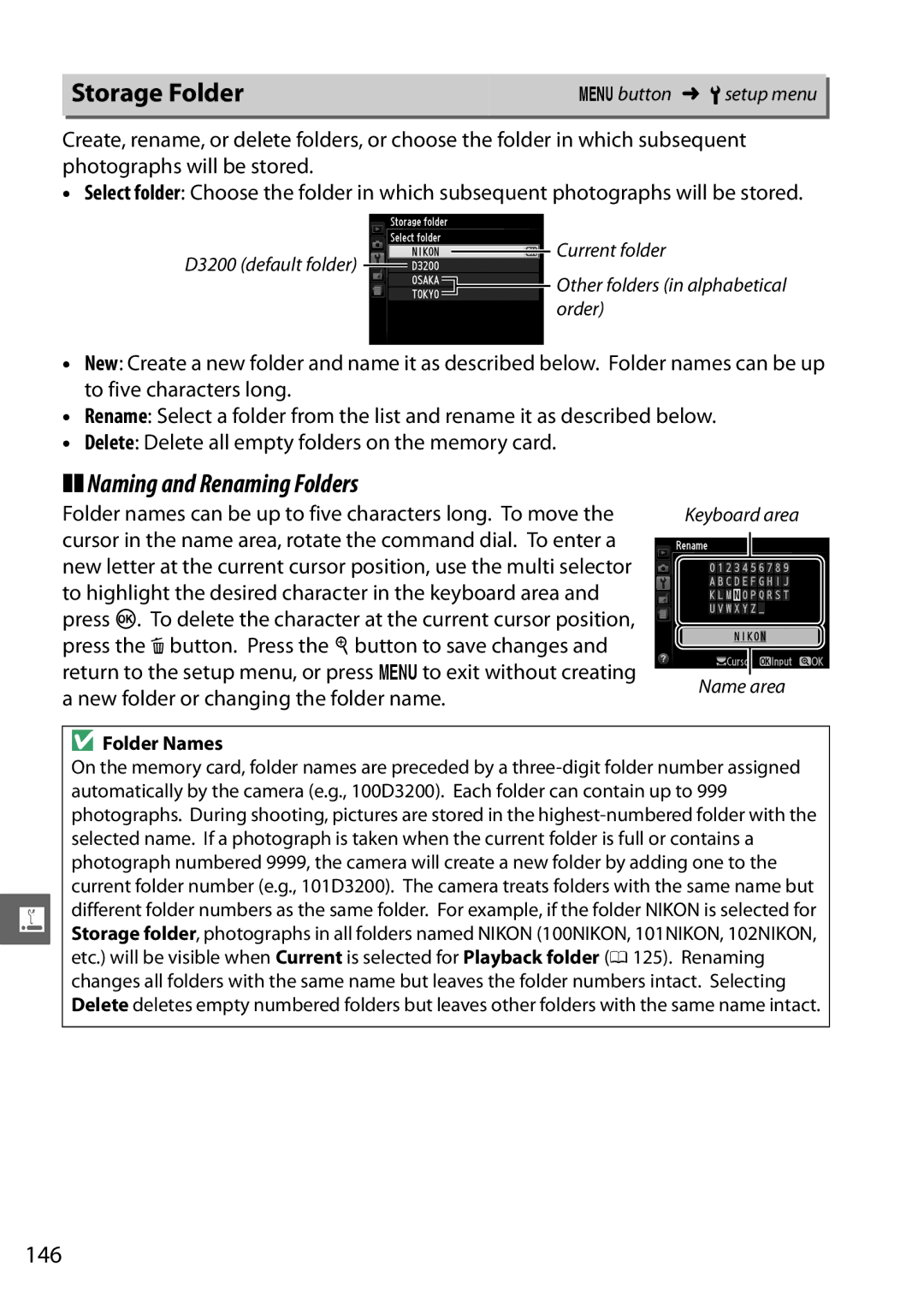 Nikon 25496, D3200LENS, D3200BOXKIT, D32002LENSKR, 25492b Storage Folder, Naming and Renaming Folders, 146, Folder Names 
