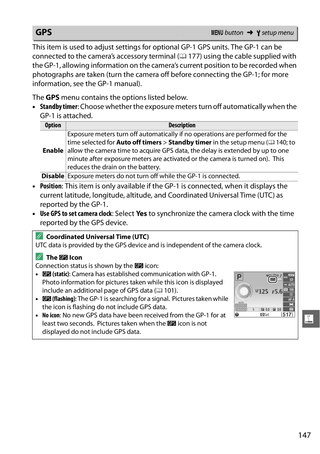 Nikon 18208254927 manual 147, Reduces the drain on the battery, Exposure meters do not turn off while the GP-1 is connected 