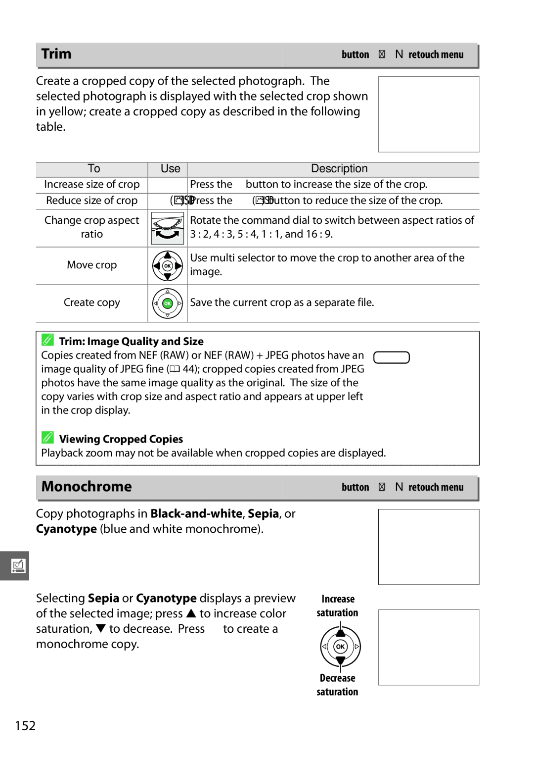 Nikon 13309, D3200LENS, D3200BOXKIT, 25492b manual Monochrome, 152, Trim Image Quality and Size, Viewing Cropped Copies 