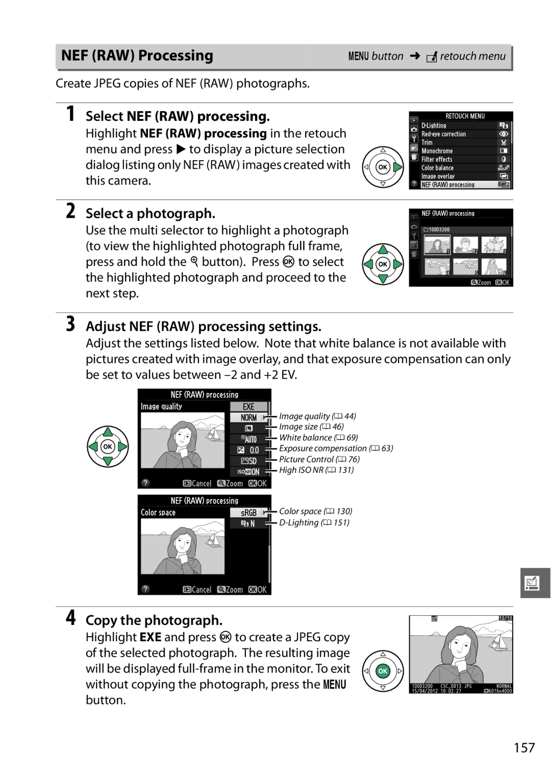 Nikon D32002LENSKR NEF RAW Processing, Select NEF RAW processing, Select a photograph, Adjust NEF RAW processing settings 