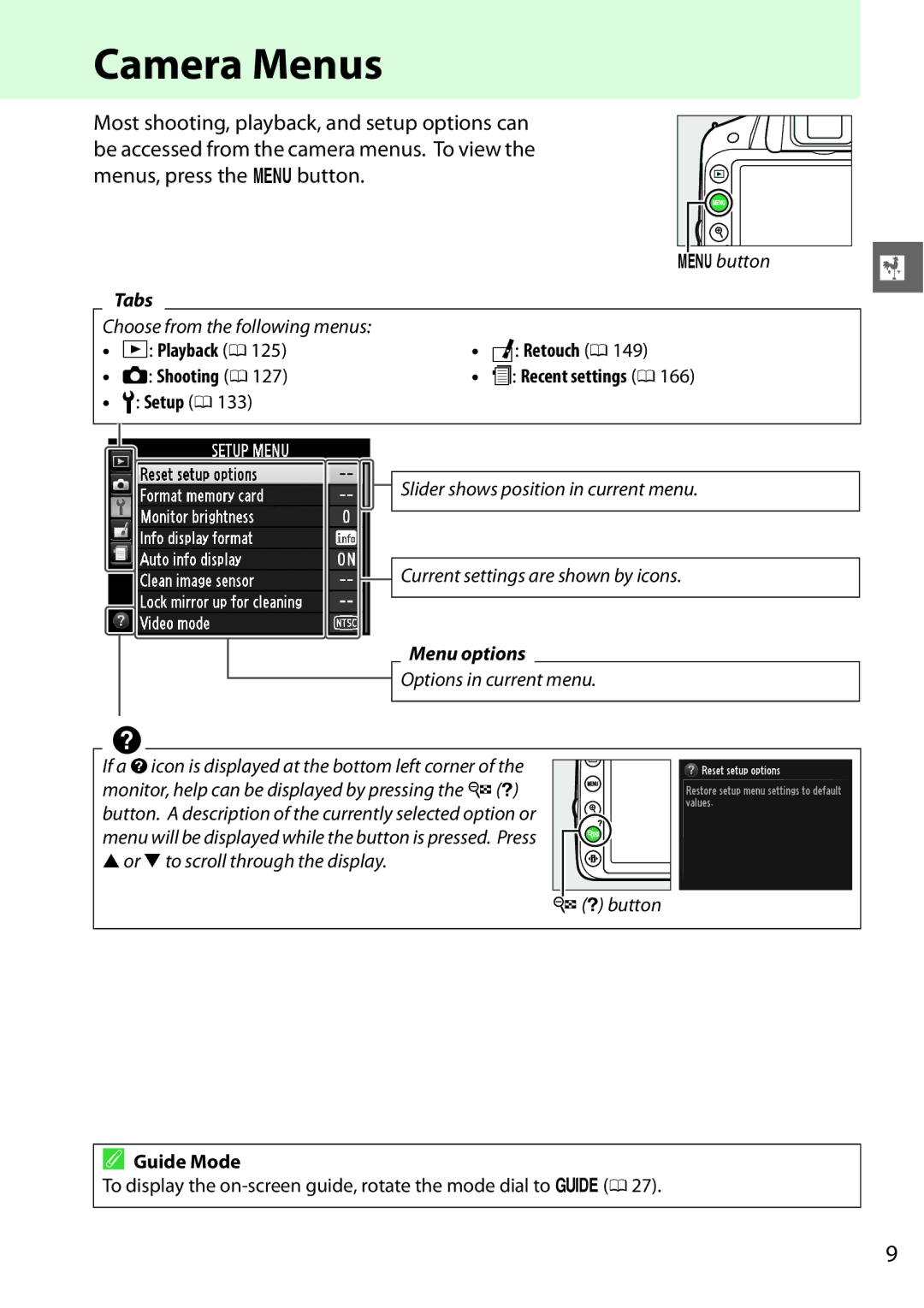 Nikon 13309, D3200LENS, 25492b Camera Menus, Guide Mode, To display the on-screen guide, rotate the mode dial to g 0 