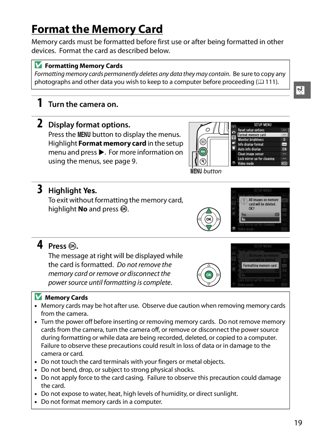 Nikon D3200LENS, 25492b Format the Memory Card, Turn the camera on Display format options, Highlight Yes, Press J 