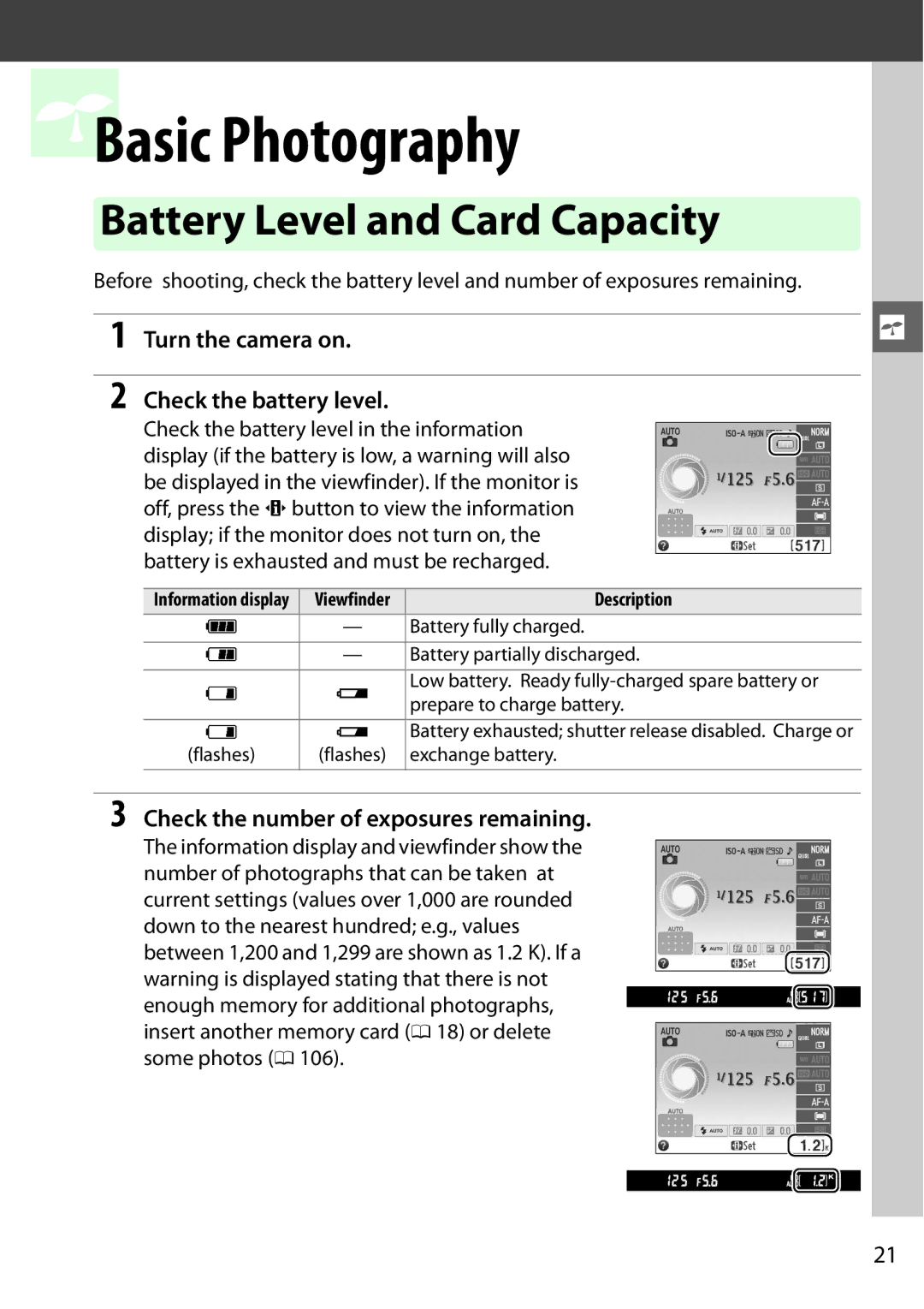 Nikon 13313, D3200LENS, 25492b Battery Level and Card Capacity, Turn the camera on Check the battery level, Description 