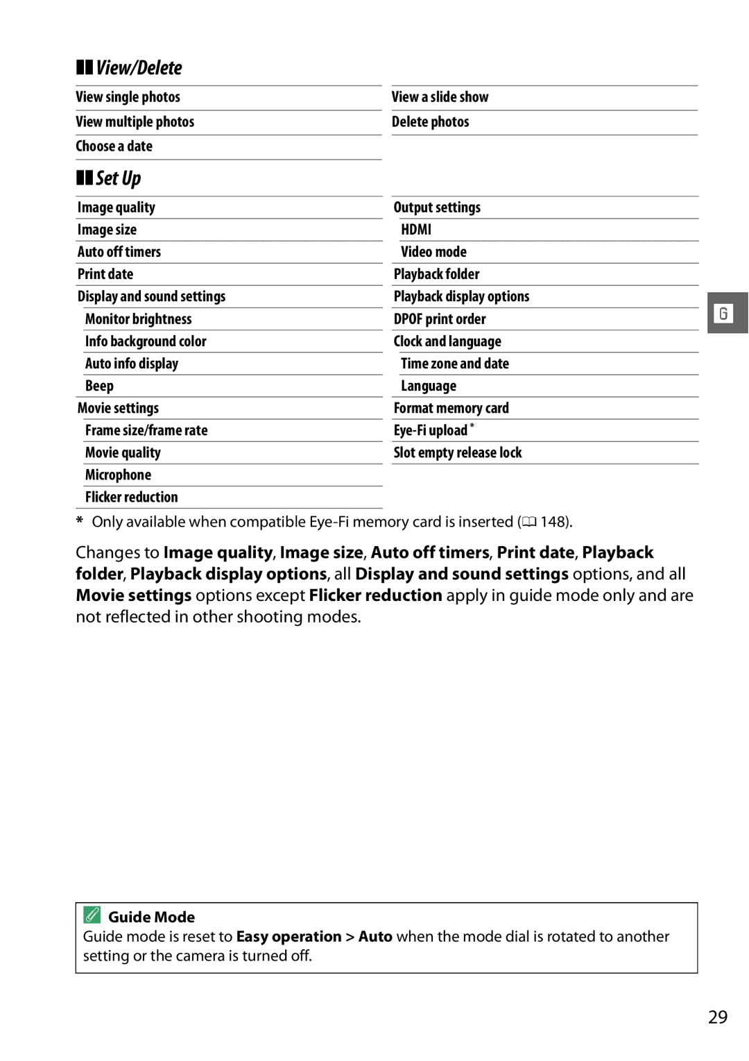 Nikon 25496, D3200LENS, D3200BOXKIT, 25492b manual View/Delete, Set Up, Image quality Image size Auto off timers Print date 