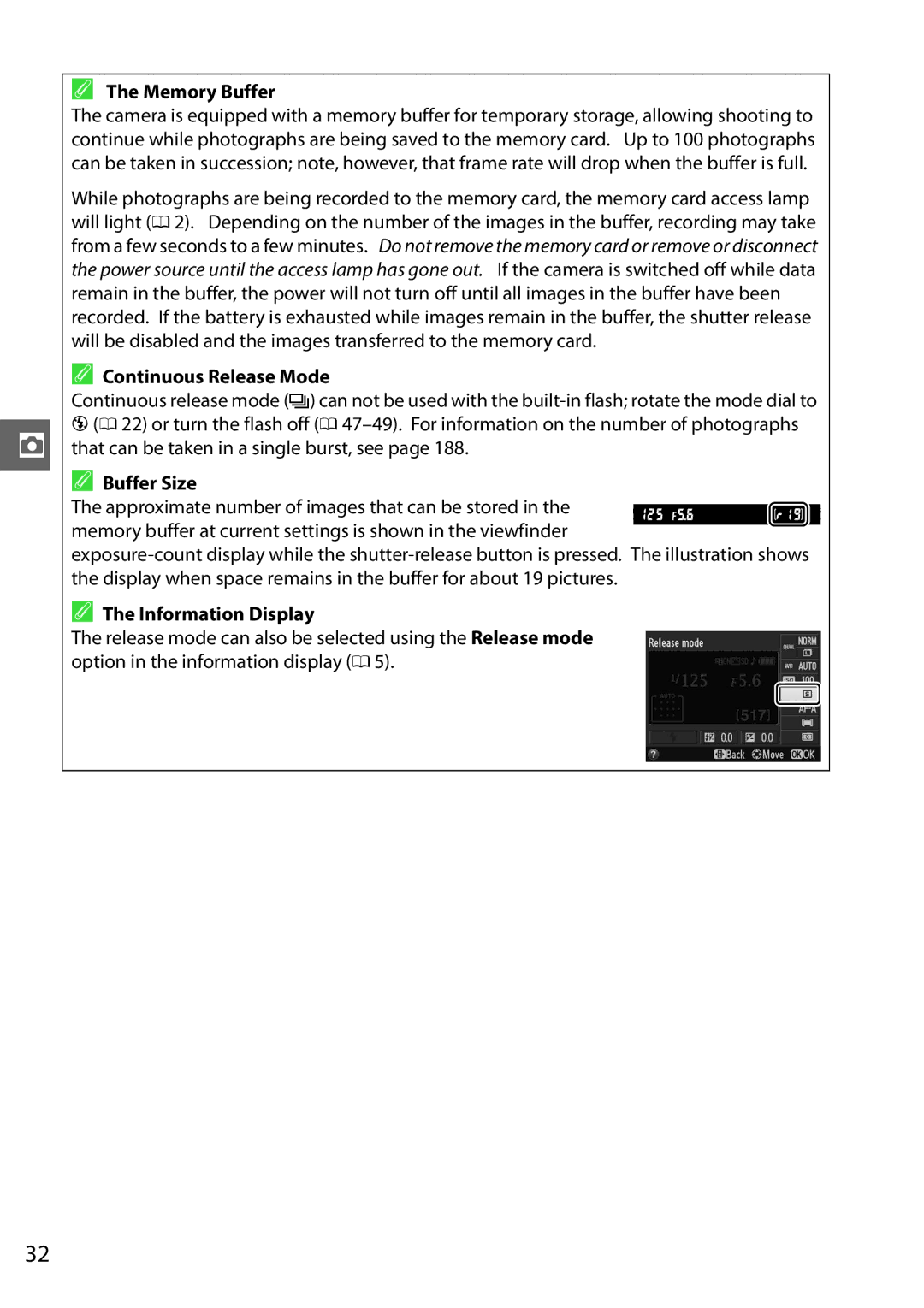 Nikon D3200LENS, D3200BOXKIT, 25492b, 25496 Memory Buffer, Continuous Release Mode, Buffer Size, Information Display 