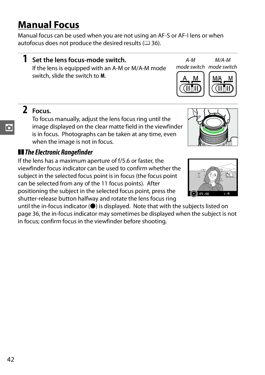 Nikon 25496, D3200 Manual Focus, Electronic Rangefinder, Set the lens focus-mode switch, Switch, slide the switch to M 