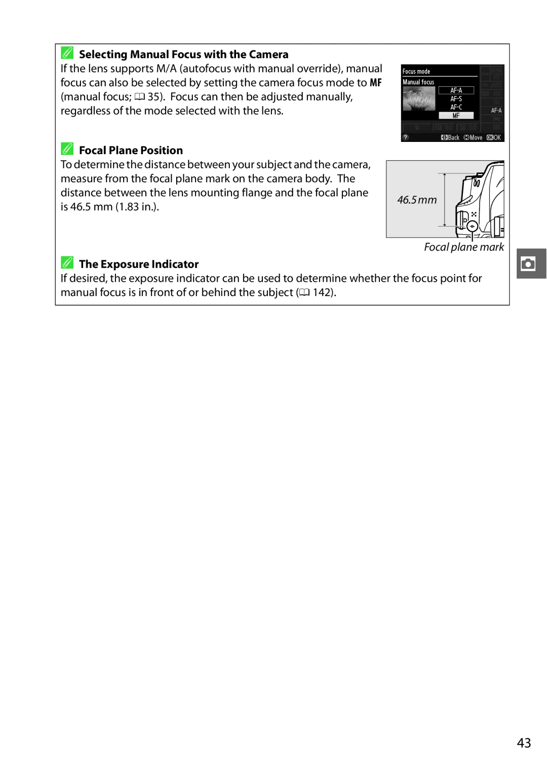 Nikon 18208254927, D3200LENS, 25492b Selecting Manual Focus with the Camera, Focal Plane Position, Exposure Indicator 