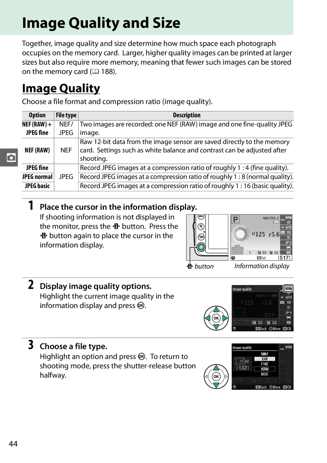 Nikon 1855mm Kit Red, D3200LENS, D3200BOXKIT Image Quality and Size, Display image quality options, Choose a file type 