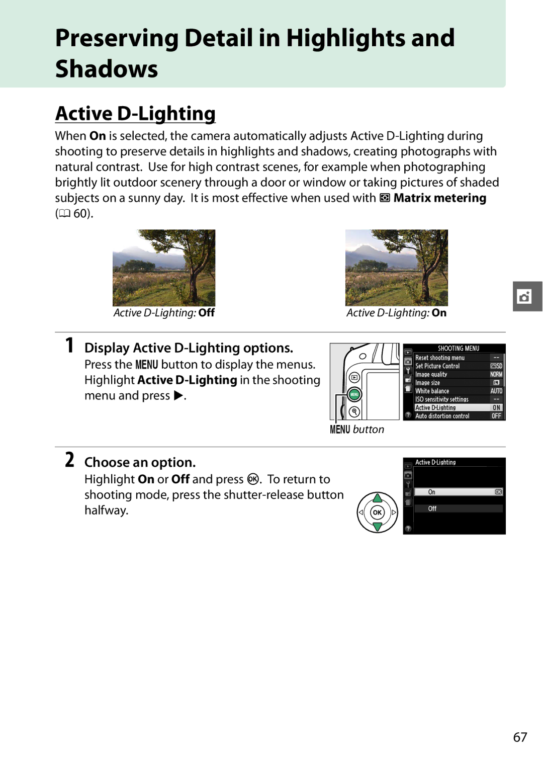 Nikon 25492b, D3200 Preserving Detail in Highlights and Shadows, Display Active D-Lighting options, Choose an option 