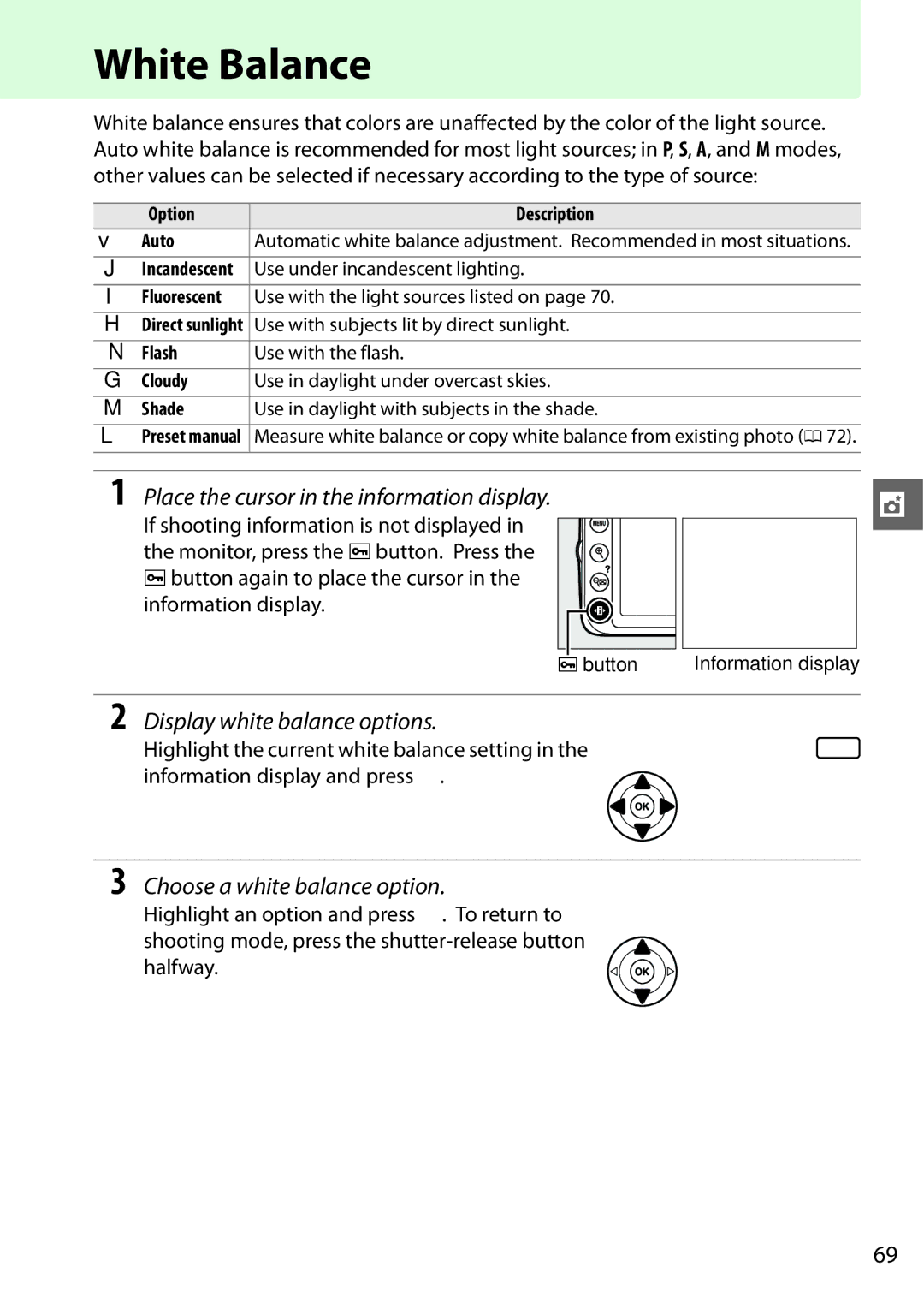 Nikon 18208254927 White Balance, Display white balance options, Choose a white balance option, Option Description Auto 