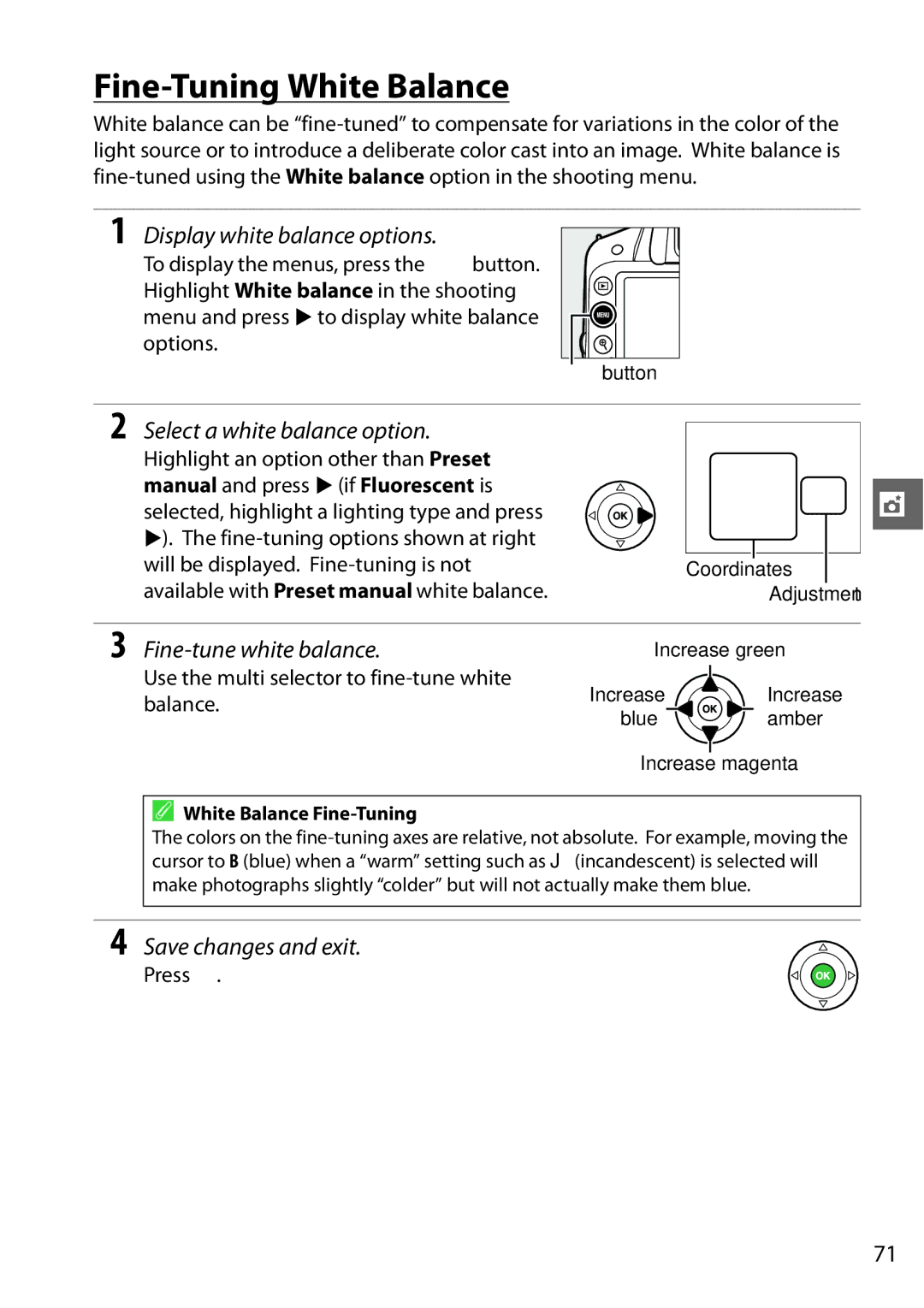 Nikon 25492 manual Fine-Tuning White Balance, Select a white balance option, Fine-tune white balance, Save changes and exit 