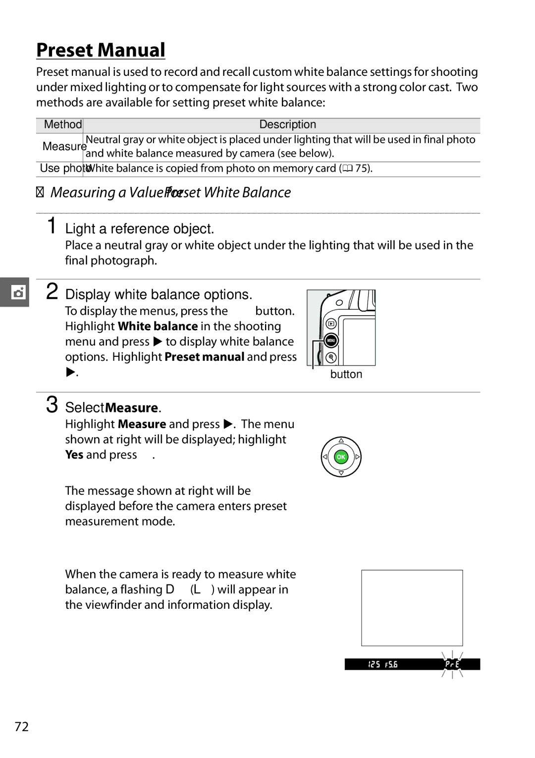 Nikon (1855mm Kit) Red Preset Manual, Measuring a Value for Preset White Balance, Light a reference object, Select Measure 