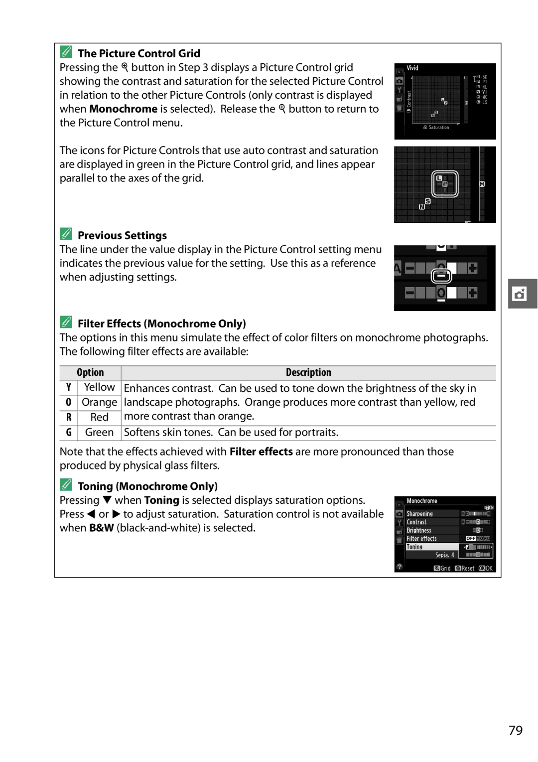 Nikon D32002LENSKR Picture Control Grid, Previous Settings, Filter Effects Monochrome Only, Option Description Yellow 