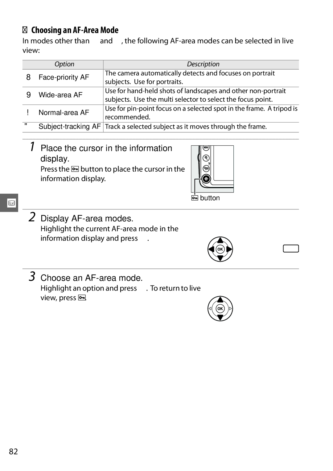 Nikon 18208254927, D3200, 25492b Choosing an AF-Area Mode, Place the cursor in the information, Display AF-area modes 