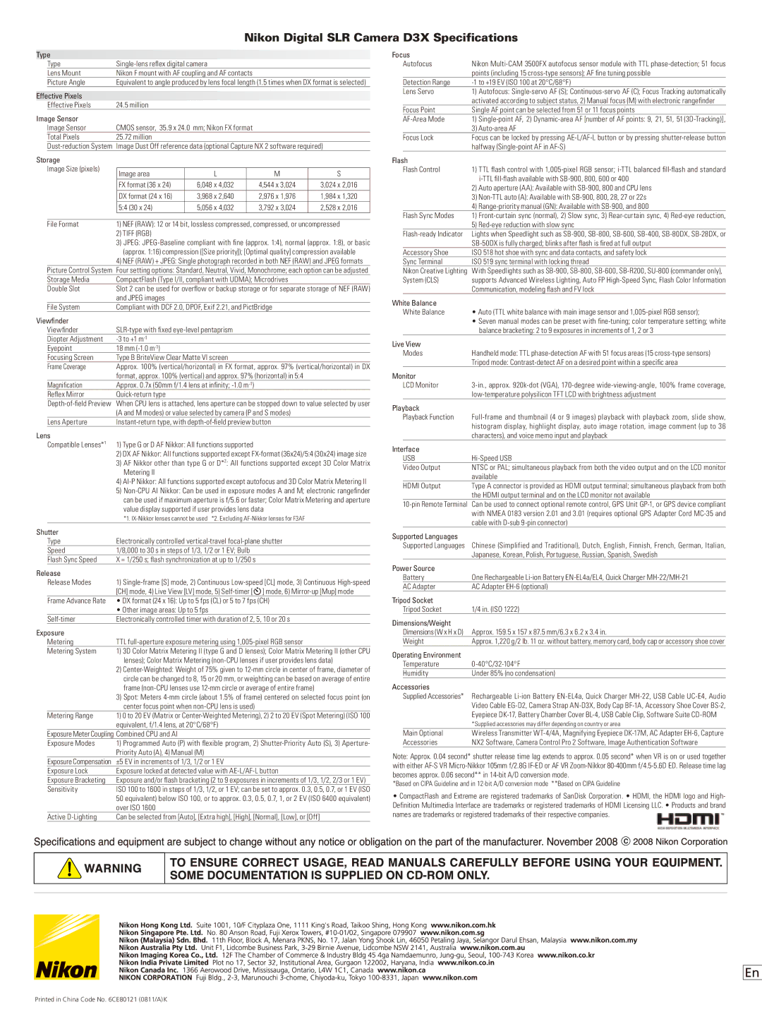 Nikon manual Nikon Digital SLR Camera D3X Specifications 