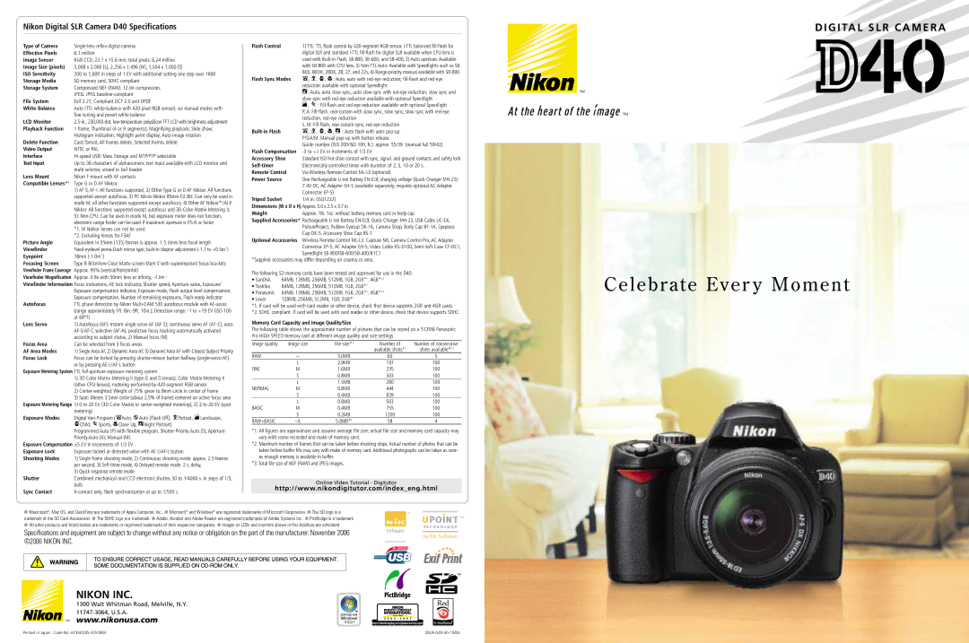 Nikon D40 dimensions Single-lens reflex digital camera, Million, RGB CCD, 23.7 x 15.6 mm total pixels 6.24 million, At 68F 