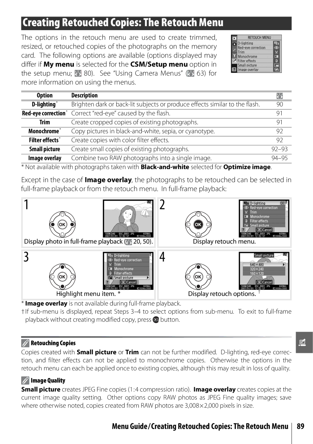 Nikon D40 manual Creating Retouched Copies The Retouch Menu, Description Lighting, Retouching Copies, Image Quality 