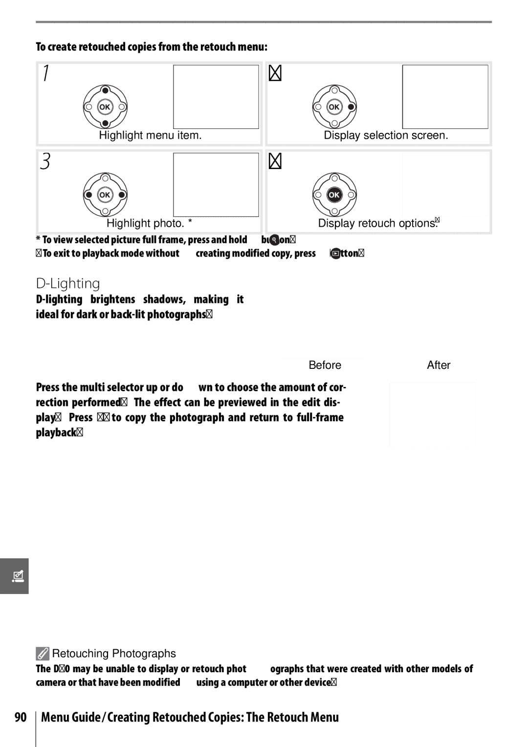 Nikon D40 manual Lighting, Menu Guide/Creating Retouched Copies The Retouch Menu, BeforeAfter, Retouching Photographs 