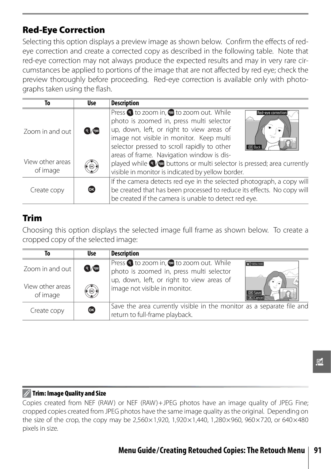 Nikon D40 manual Red-Eye Correction, Trim Image Quality and Size 