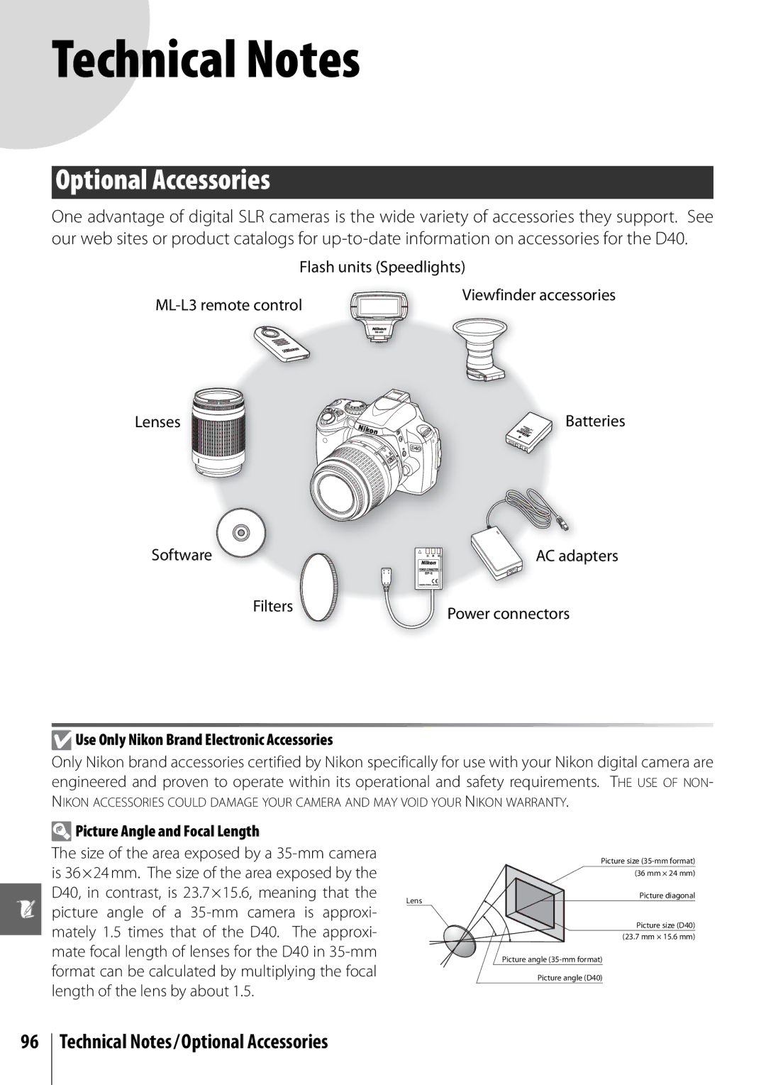 Nikon D40 manual Technical Notes/Optional Accessories, Use Only Nikon Brand Electronic Accessories 