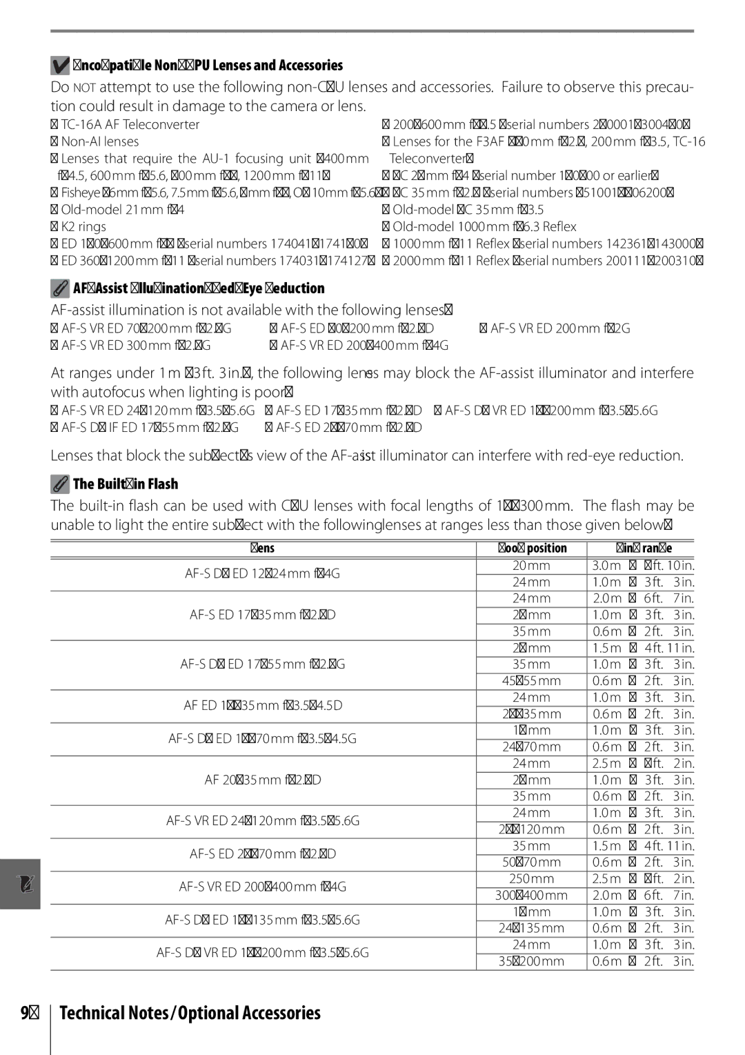 Nikon D40 manual Incompatible Non-CPU Lenses and Accessories, AF-Assist Illumination/Red-Eye Reduction 