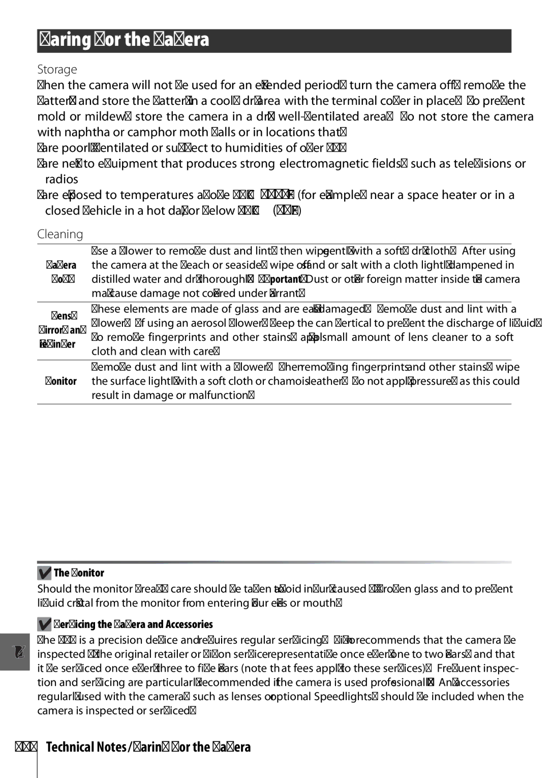 Nikon D40 manual Technical Notes/Caring for the Camera, Storage, Cleaning 