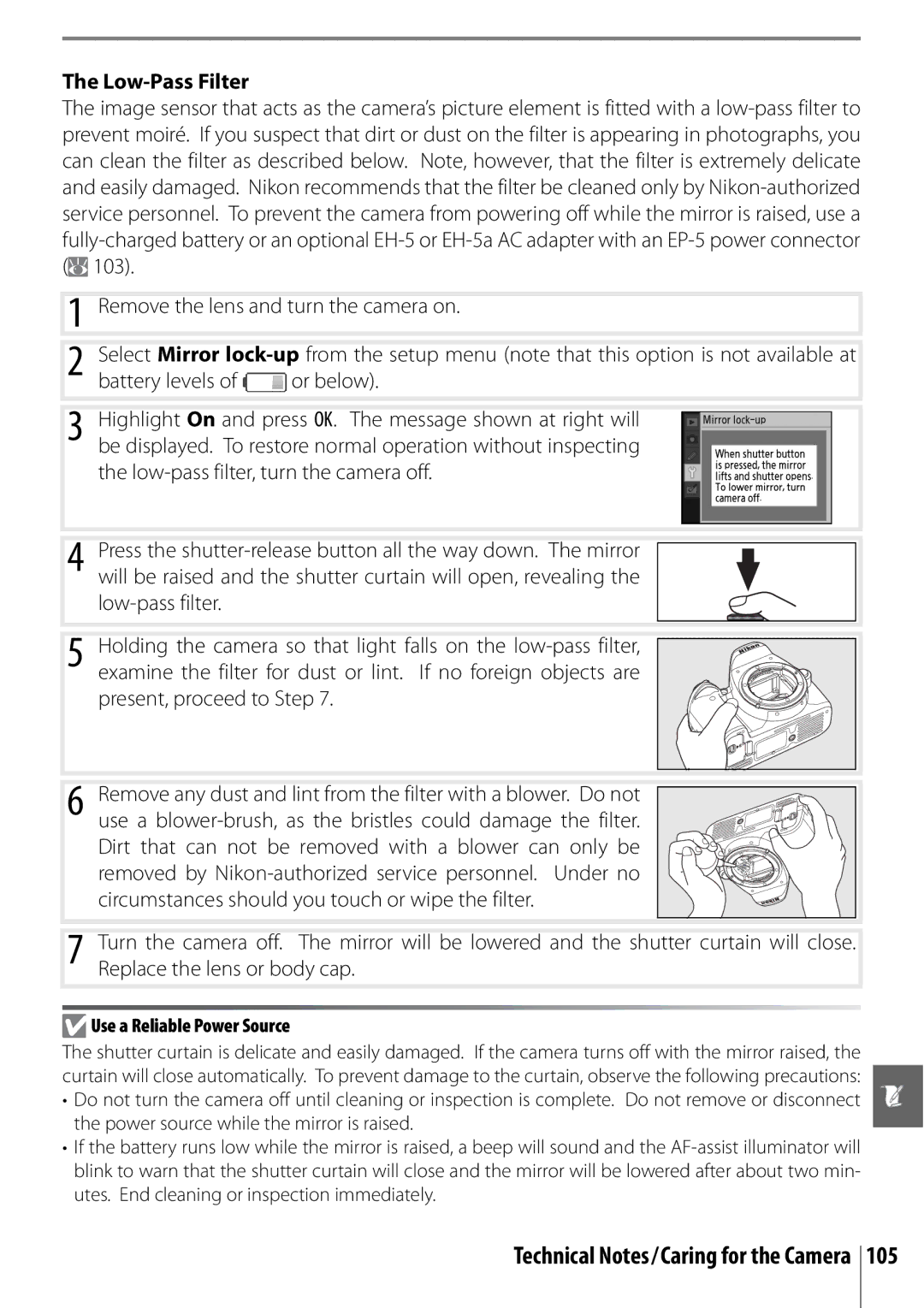 Nikon D40 manual Low-Pass Filter, Low-pass filter, Present, proceed to Step, Use a Reliable Power Source 