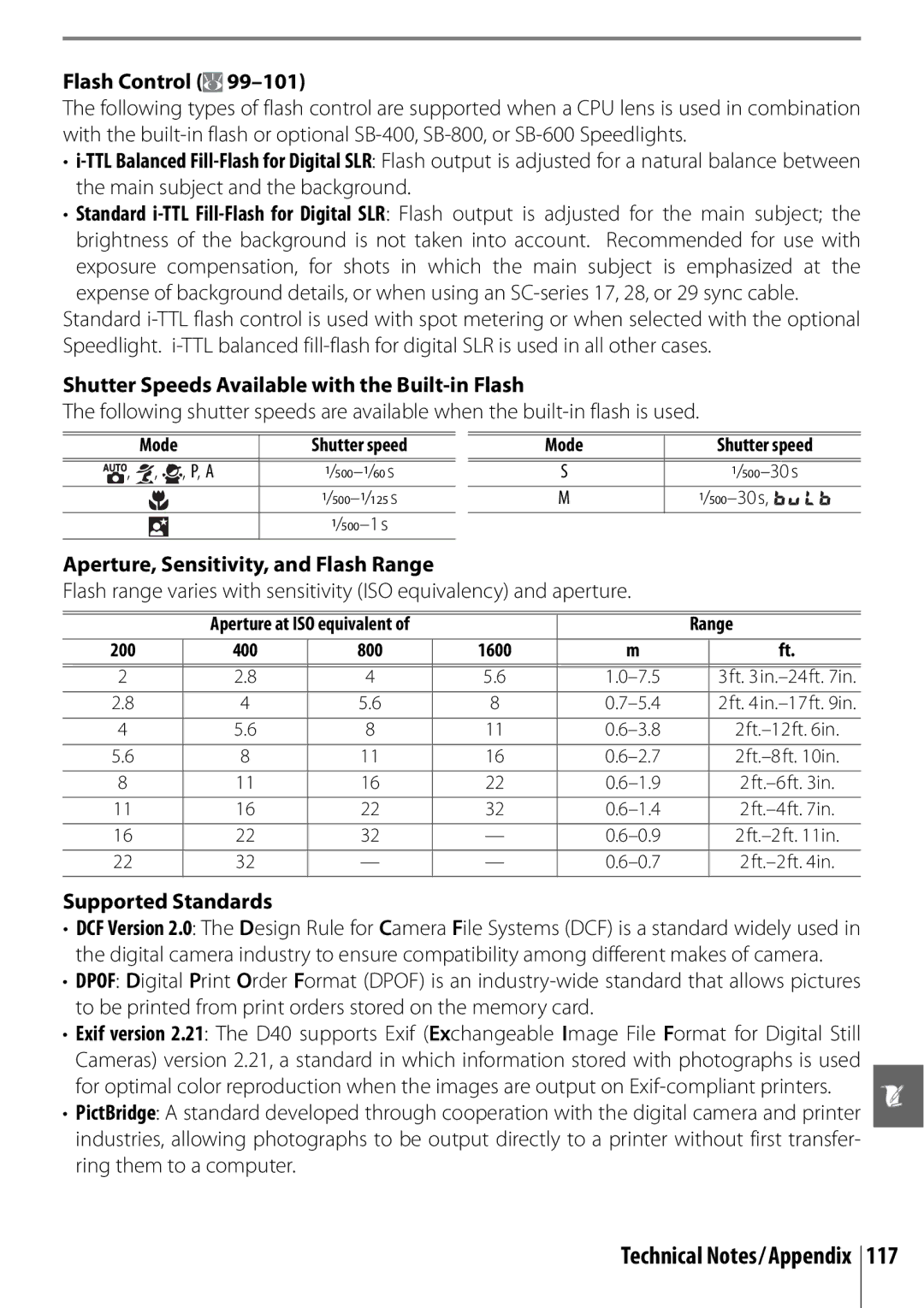 Nikon D40 manual Flash Control, Shutter Speeds Available with the Built-in Flash, Aperture, Sensitivity, and Flash Range 