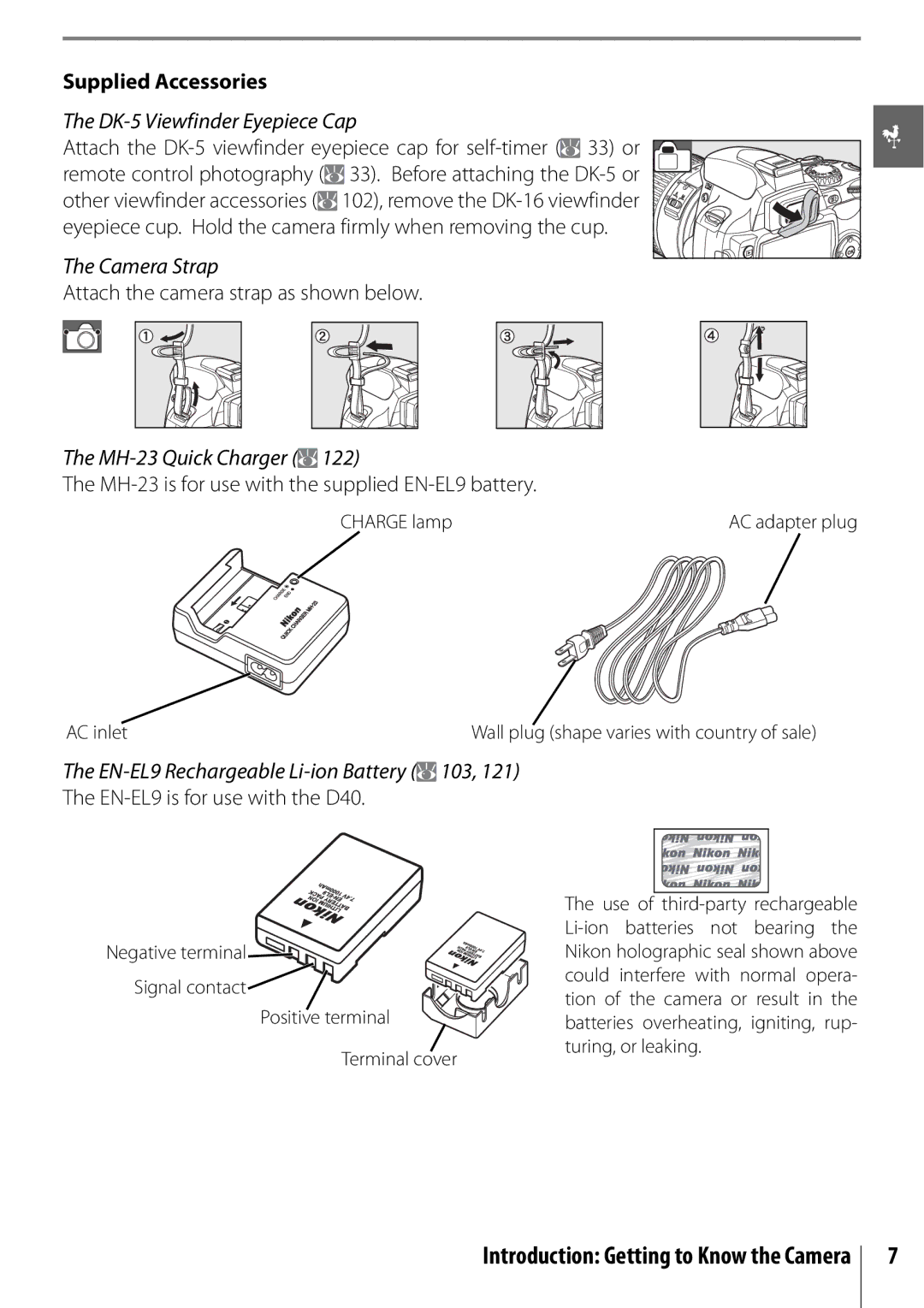 Nikon D40 manual Supplied Accessories, DK-5 Viewfinder Eyepiece Cap, Camera Strap, MH-23 Quick Charger 