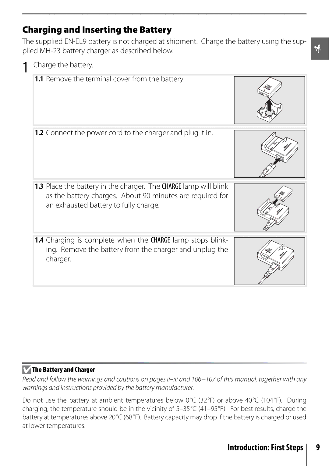 Nikon D40 manual Charging and Inserting the Battery, Introduction First Steps, Battery and Charger 