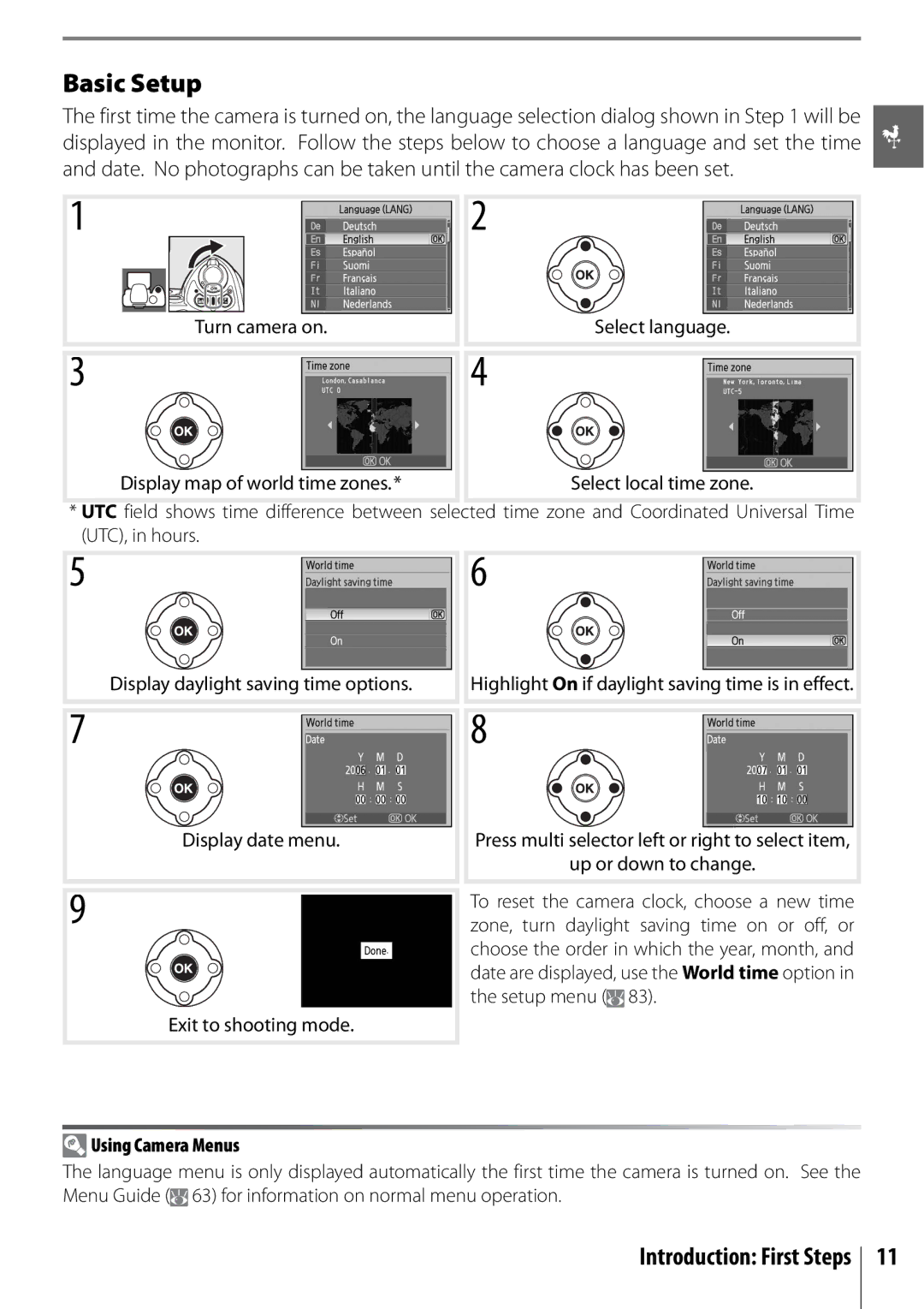 Nikon D40 manual Basic Setup, Using Camera Menus, Introduction First Steps 