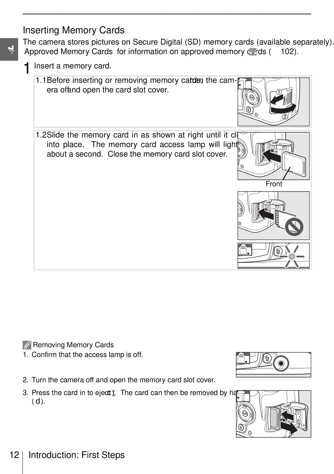 Nikon D40 manual Inserting Memory Cards, Front, Removing Memory Cards 