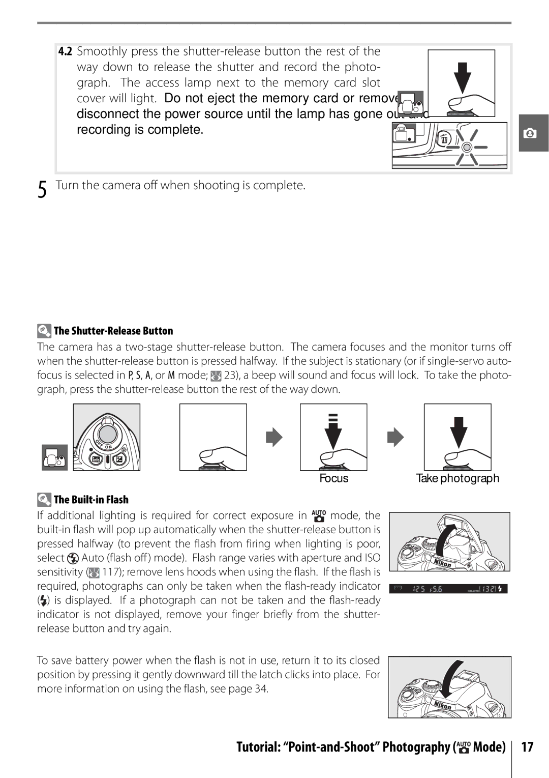 Nikon D40 manual Turn the camera off when shooting is complete, Shutter-Release Button, Focus, Built-in Flash 