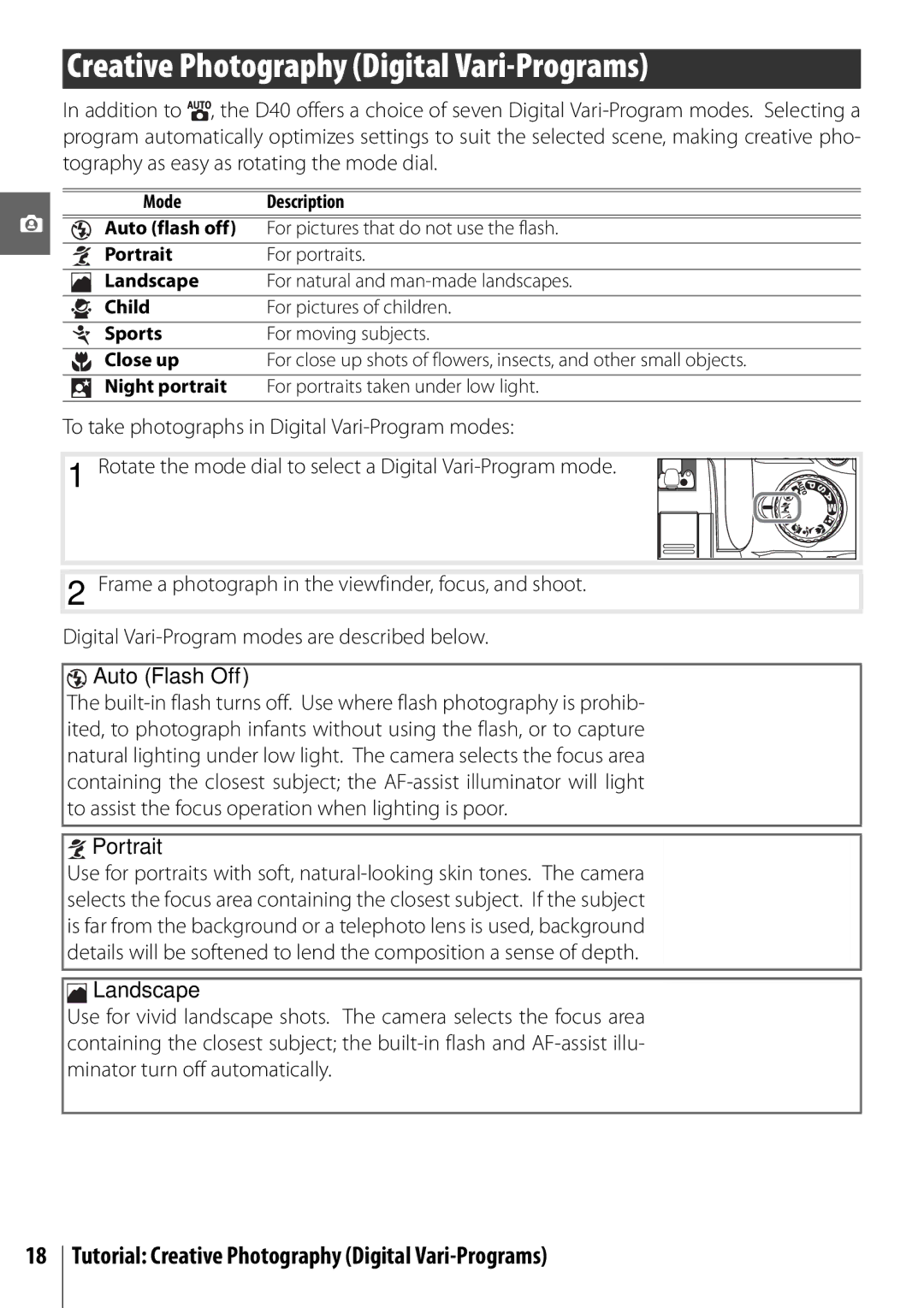 Nikon D40 manual Tutorial Creative Photography Digital Vari-Programs, Auto Flash Off, Portrait, Landscape 