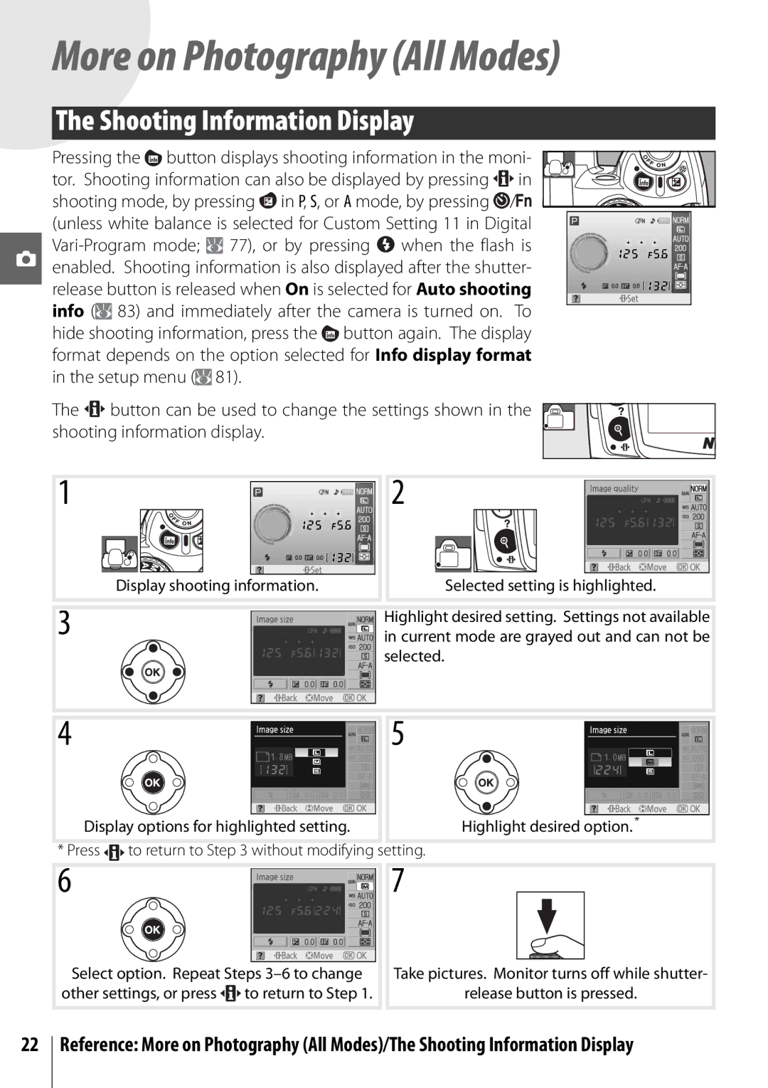 Nikon D40 manual More on Photography All Modes, Shooting Information Display 