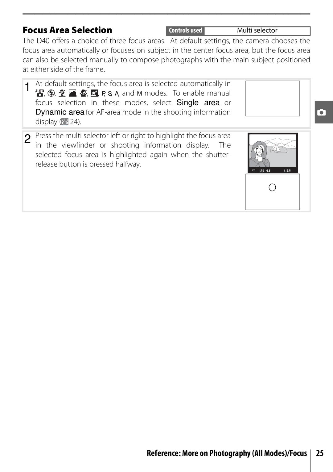 Nikon D40 manual Focus Area Selection 