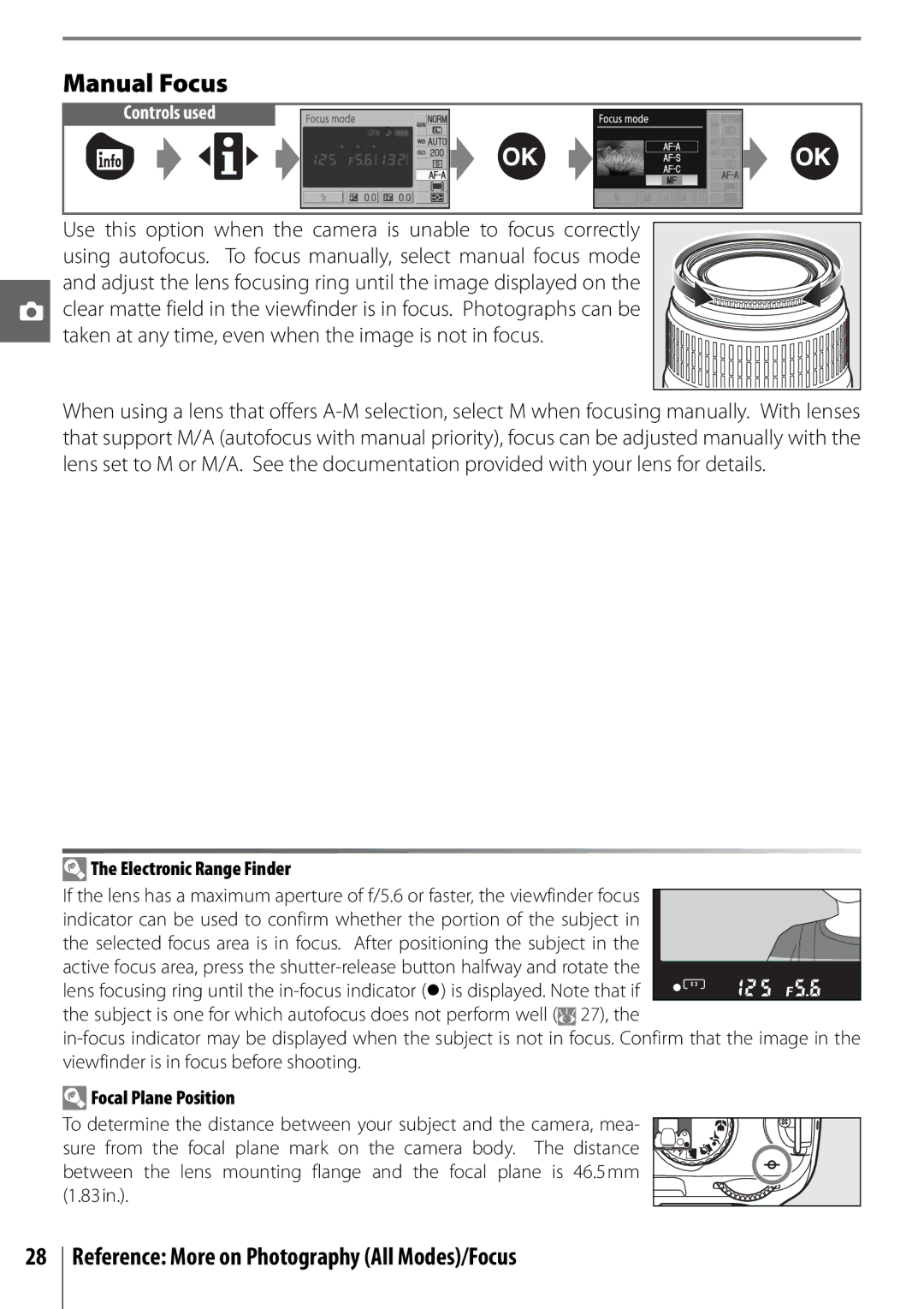 Nikon D40 manual Manual Focus, Electronic Range Finder, Focal Plane Position 